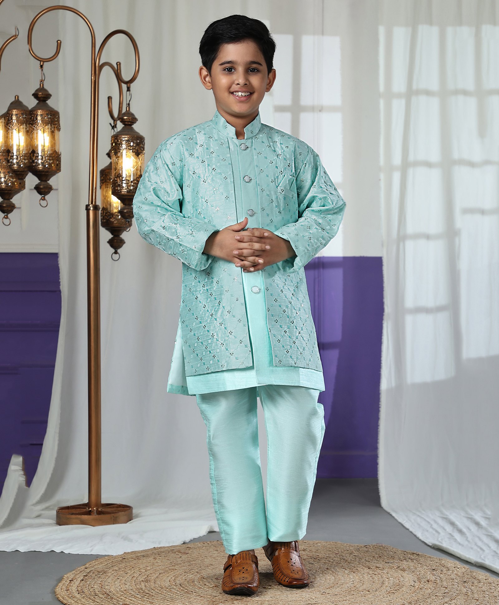 P-MARK Full Sleeves Abstract Embroidered Kurta With Solid Pant - Firozi-image-25