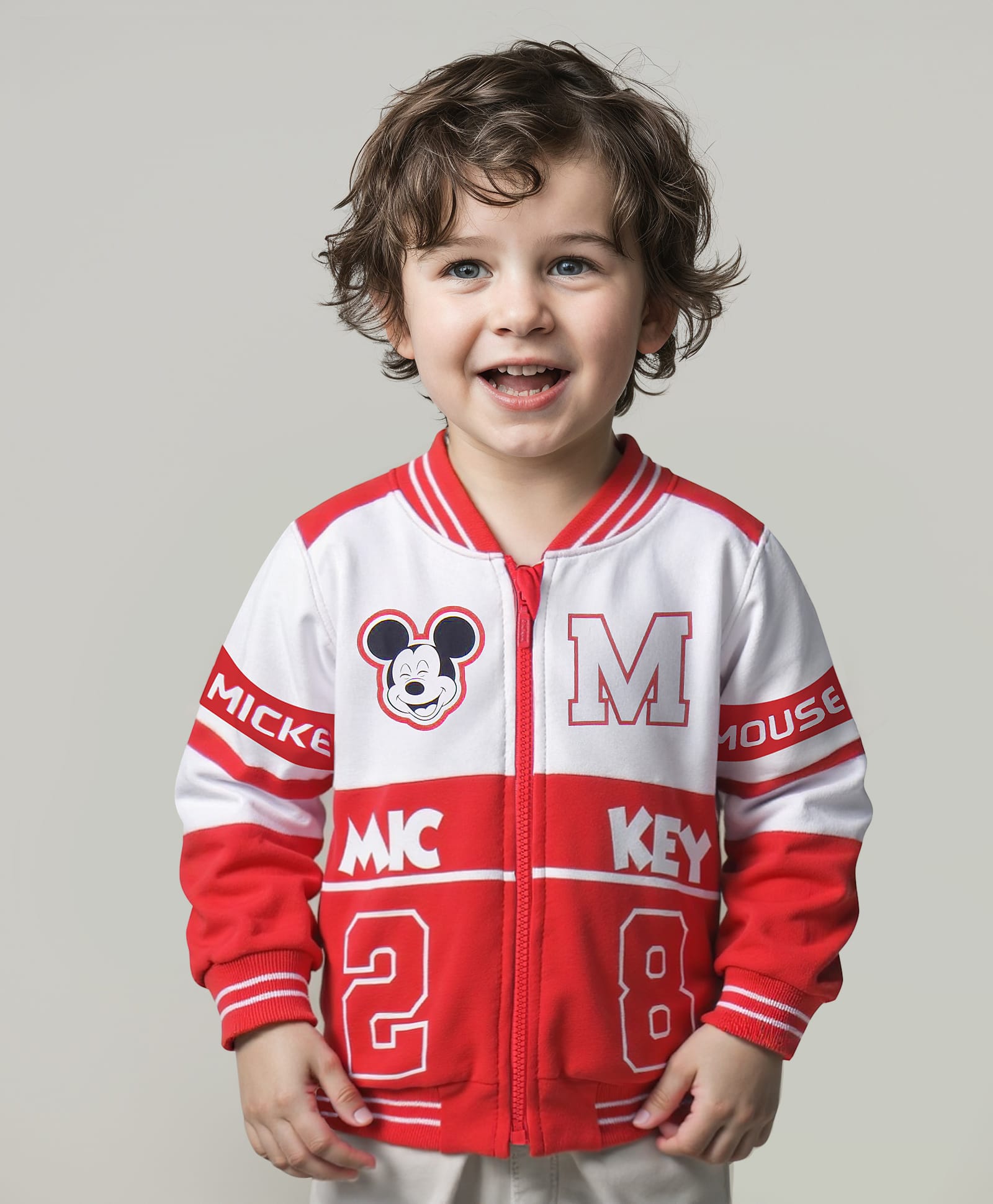 Babyhug Disney Terry Knitted Full Sleeves Bomber Jacket With Mickey Mouse Design - Red & White-picture-21