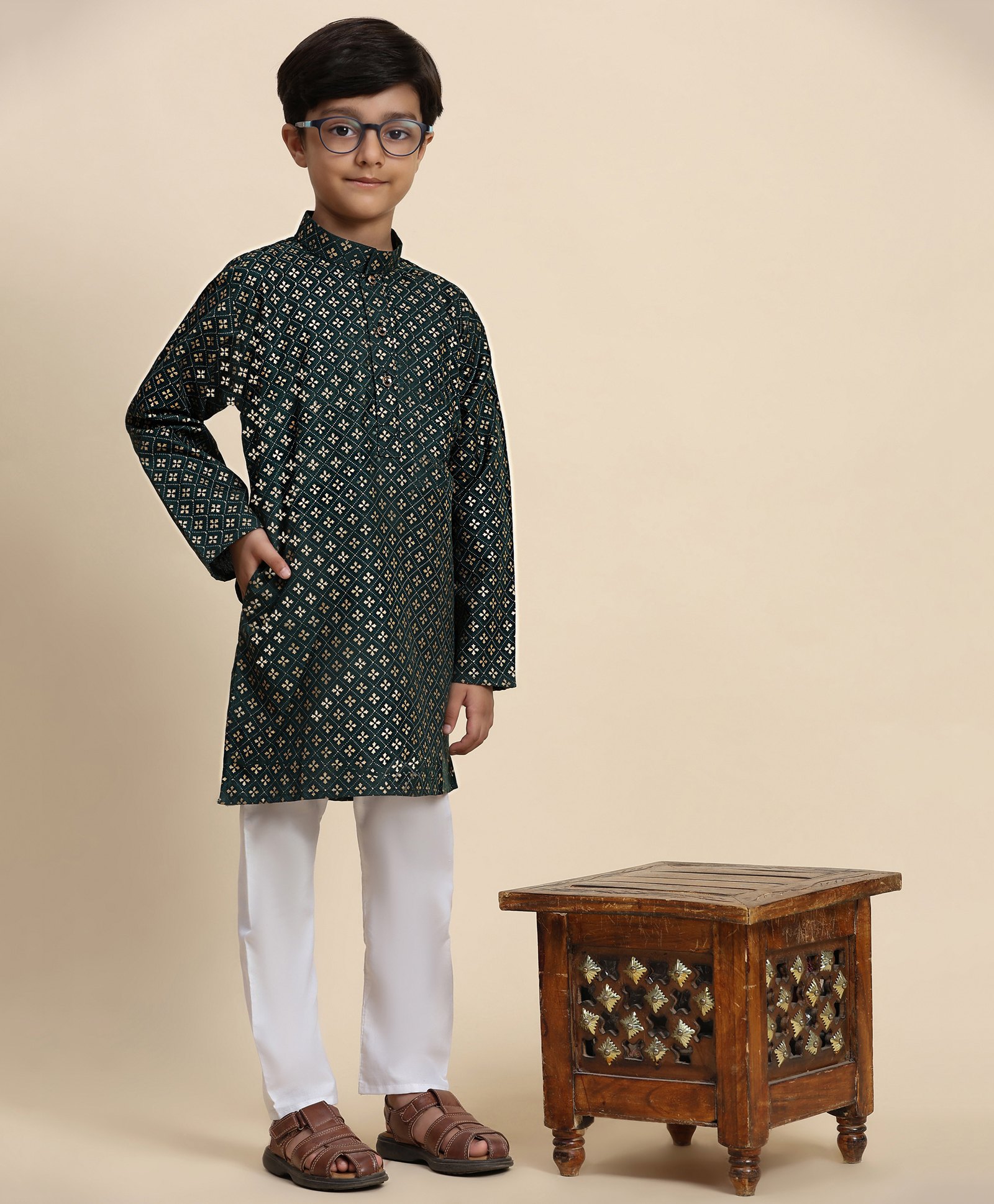 P-MARK Cotton Full Sleeves Ethnic Motif Printed Kurta Pyjama Set - Dark Green-picture-10