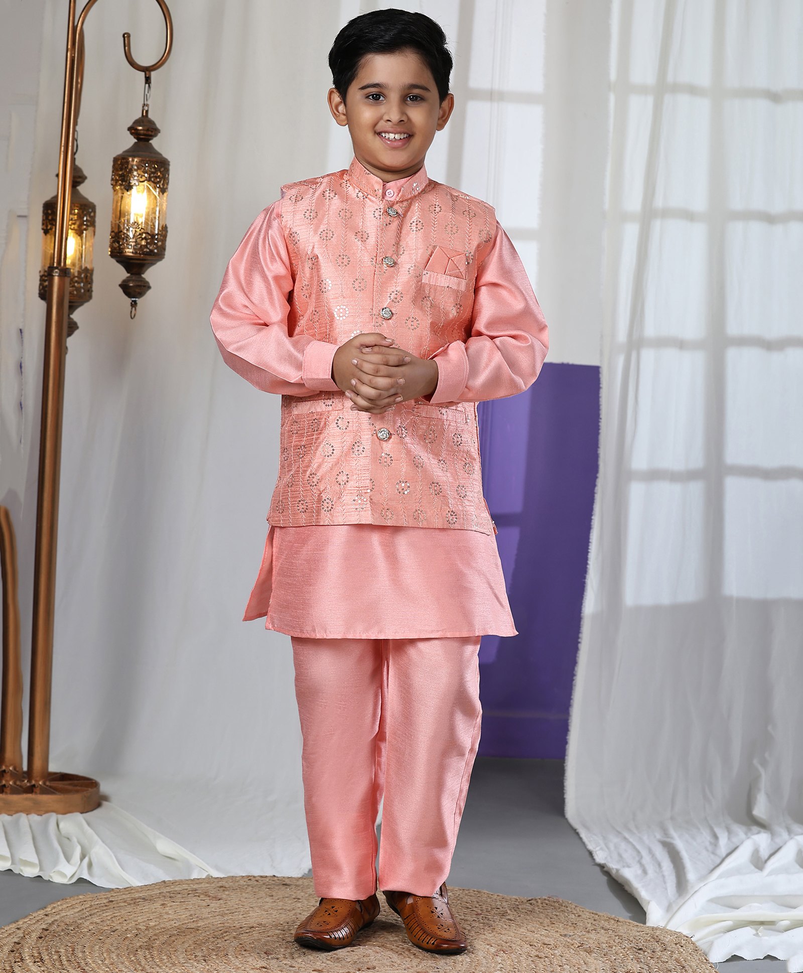 P-MARK Full Sleeves Solid Kurta Pant With Sequin Embellished Jacket - Pink-image-32