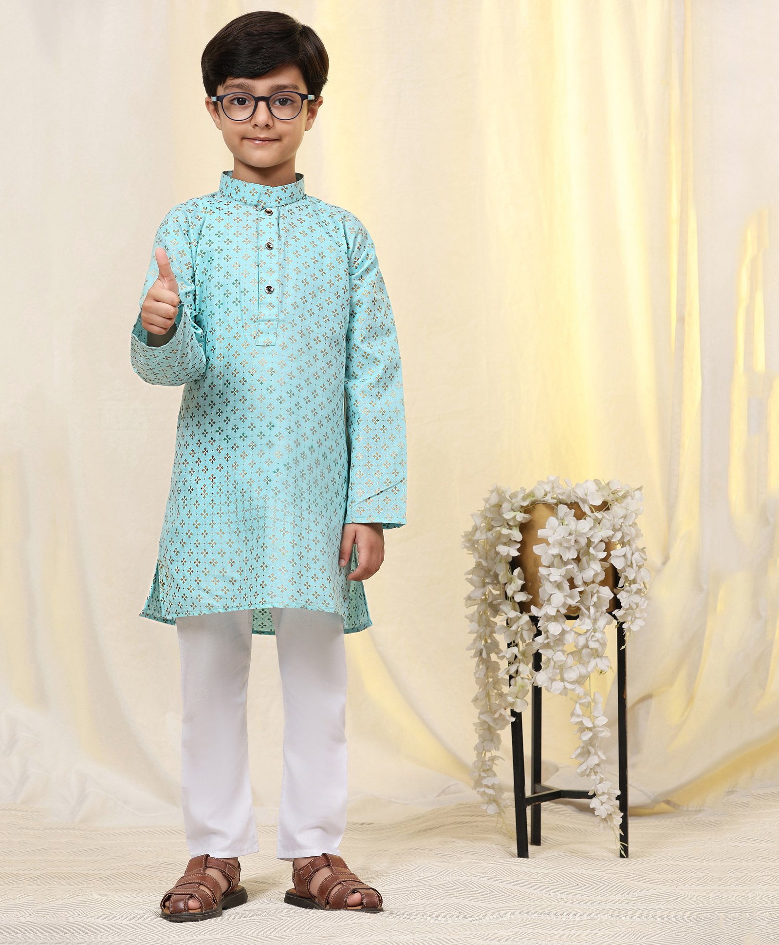 P-MARK Cotton Full Sleeves Ethnic Motif Printed Kurta Pyjama Set - Firozi-image-37