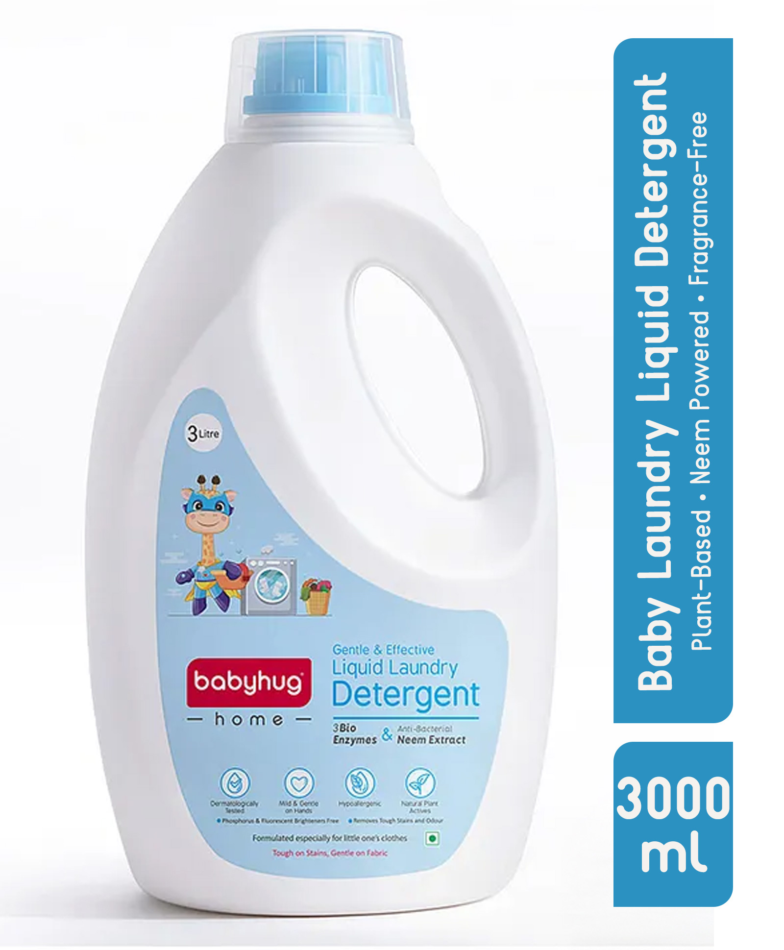 Babyhug Plant-Based Liquid Laundry Detergent for Babies Natural & Gentle Fabric Cleaner - 3000ml| Anti Bacterial with Neem Extracts| Hypoallergenic| Fragrance Free| Neutral pH| Bucket & Machine Wash