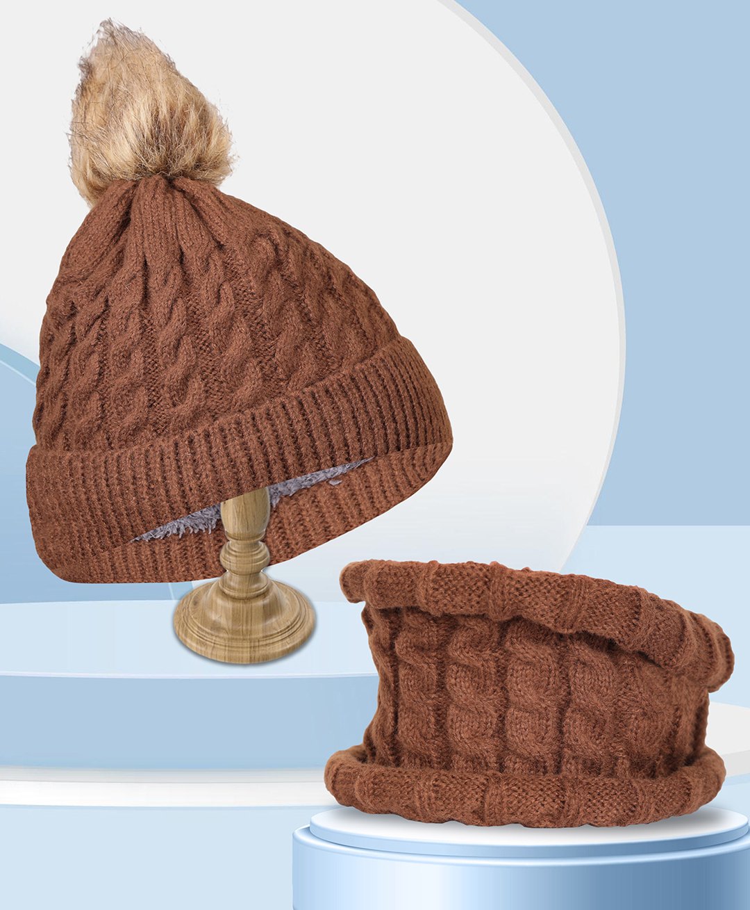 PASSION PETALS Fleece Cable Knit Designed & Pompom Embellished Warm Cap With Scarf Ear Cap Set - Brown-picture-23