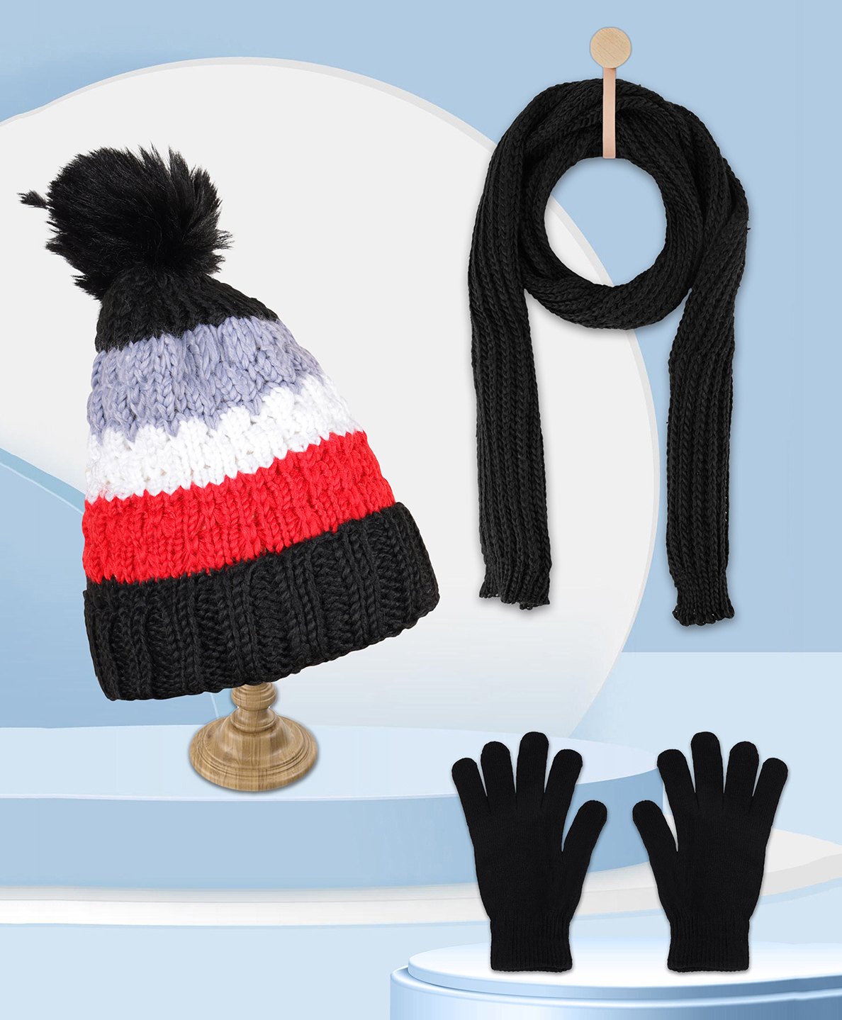 PASSION PETALS Fleece Pompom Embellished Colour Blocked Warm Cap With Scarf Muffler & Gloves - Black Red & Grey-image-2