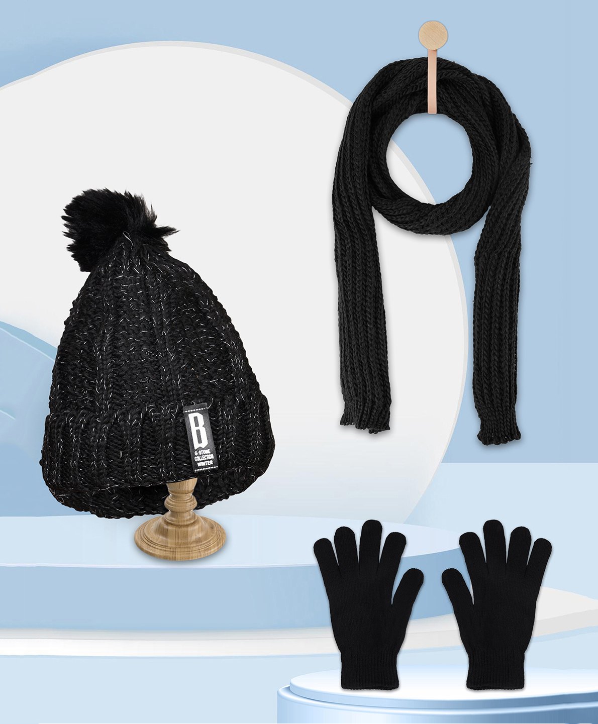 PASSION PETALS Fleece Pompom Embellished Solid Warm Cap With Scarf Muffler & Gloves - Black-picture-24