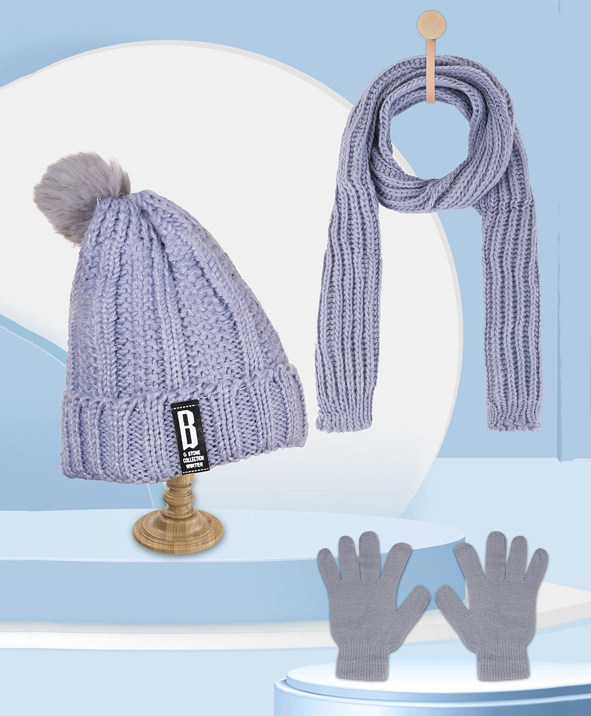 PASSION PETALS Fleece Pompom Embellished Solid Warm Cap With Scarf Muffler & Gloves - Grey-image-9