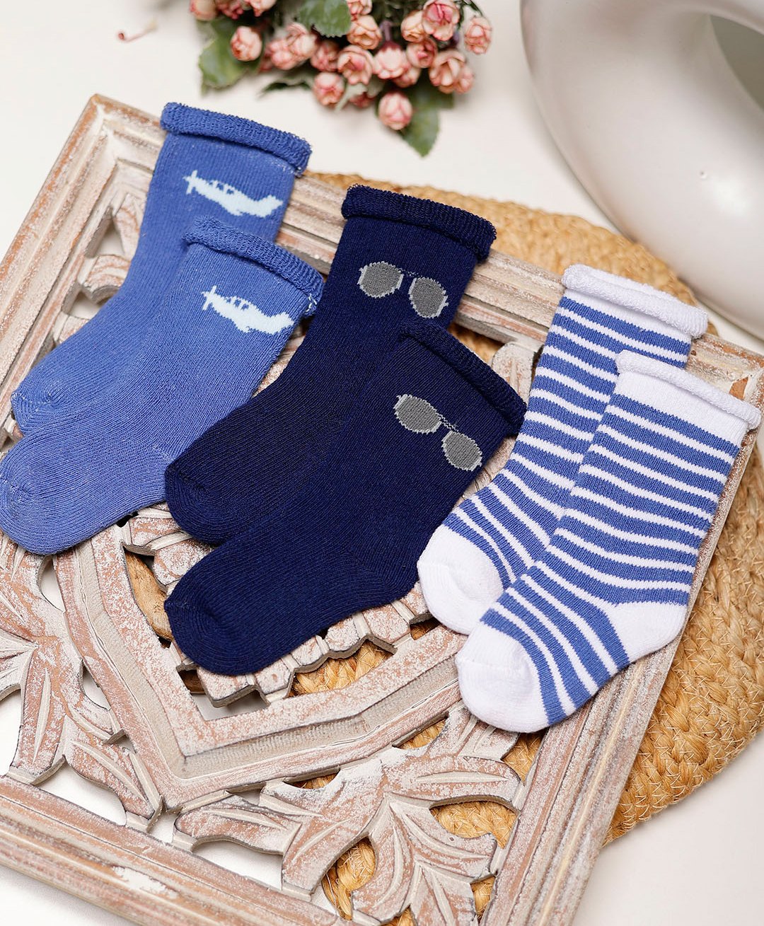 PASSION PETALS Cotton Pair Of 3 Striped & Aeroplane Printed Socks - Multi Color-picture-12