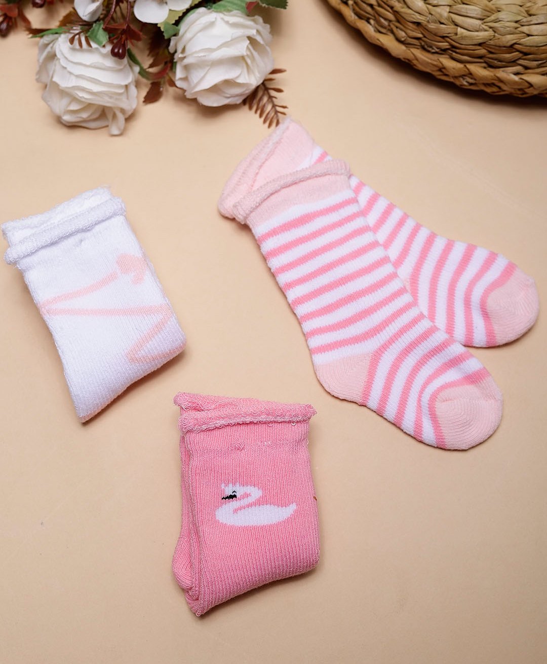 PASSION PETALS Cotton Pair Of 3 Striped & Duck Printed Socks - Pink-image-17