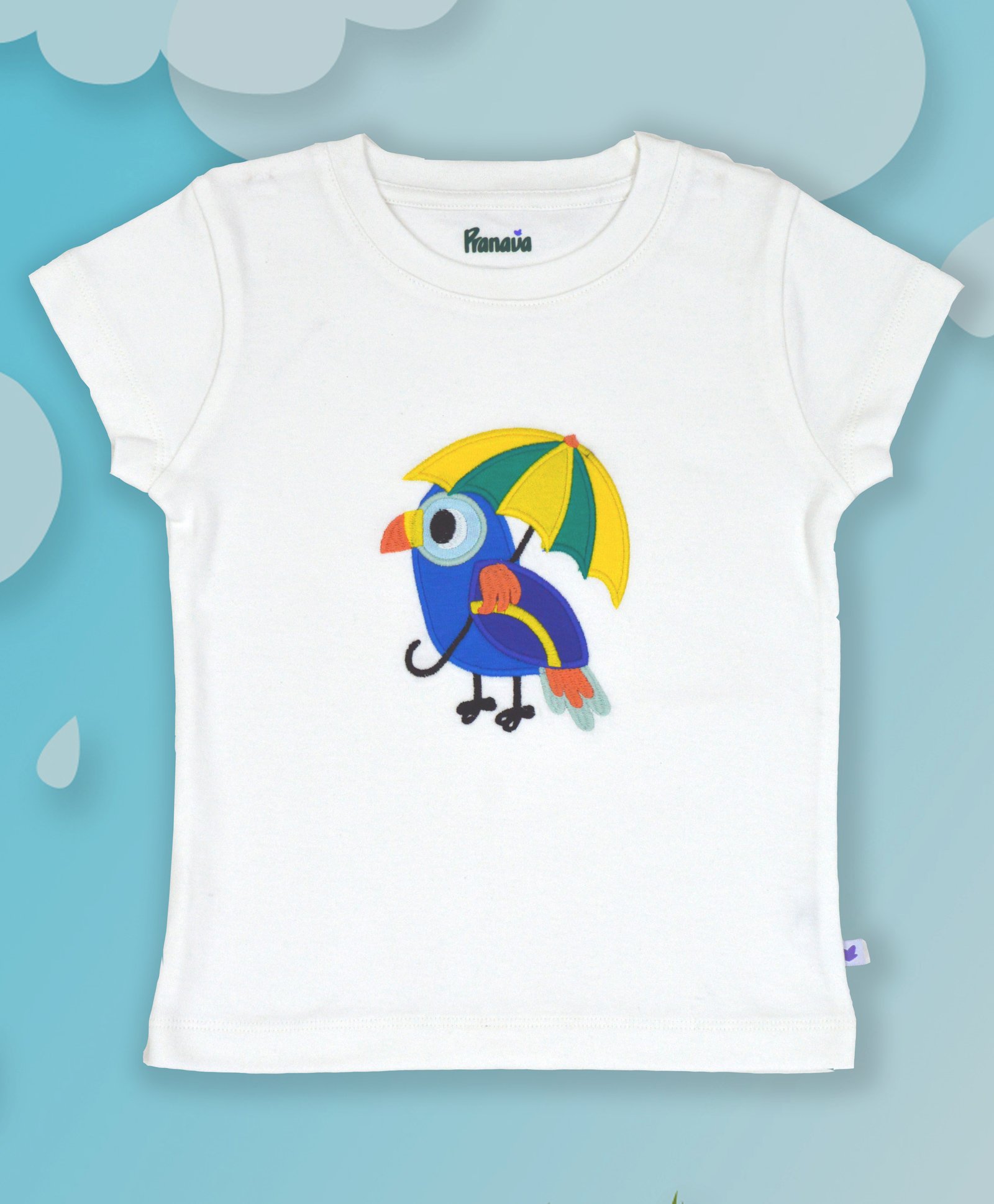 Pranava 100% Organic Cotton Half Sleeves Parrot Embroidered Tee - White-picture-19