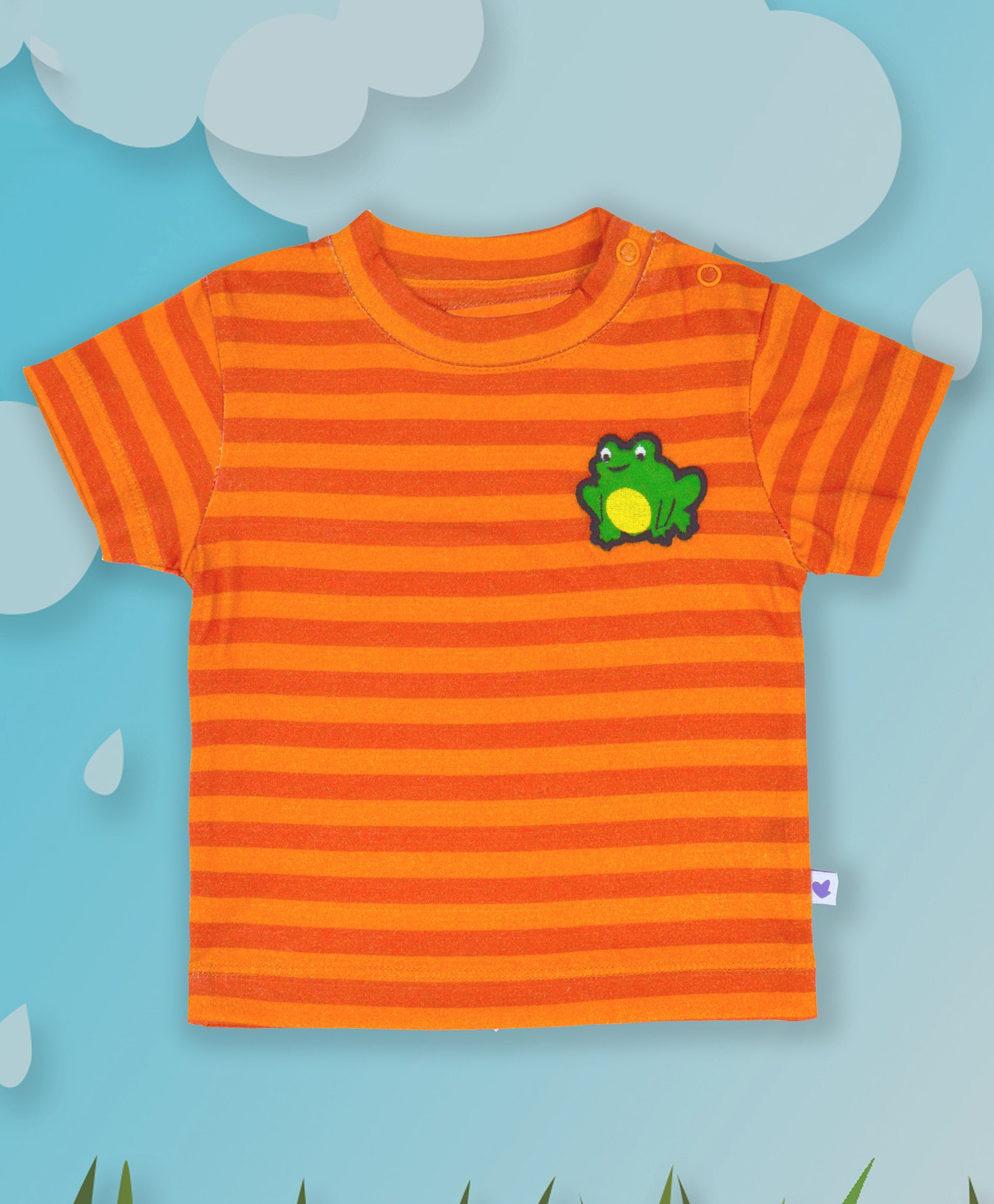 Pranava 100% Organic Cotton Half Sleeves Frog Embroidered Striped Tee - Orange-picture-18