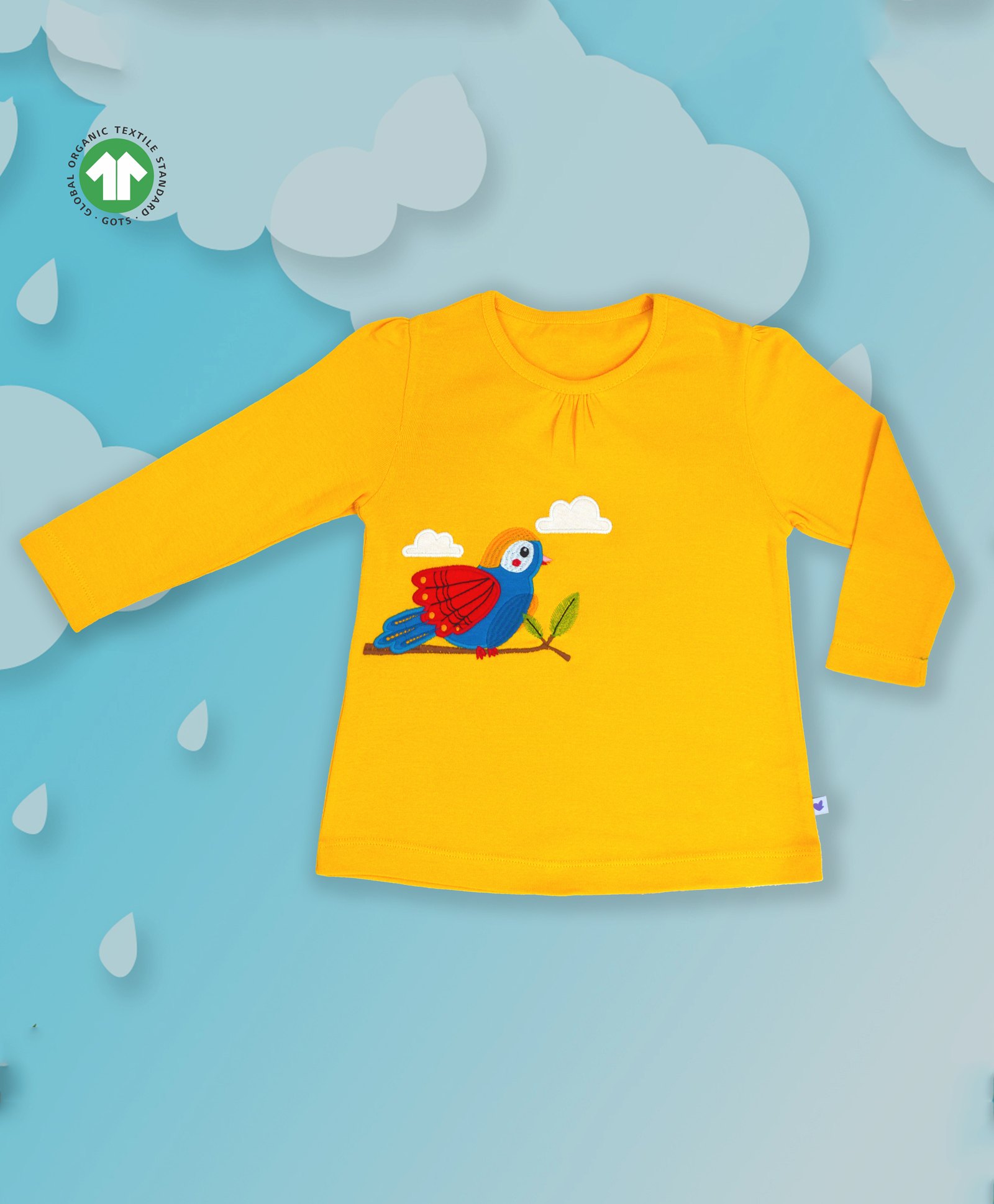 Pranava 100% Organic Cotton Full Sleeves Parrot Embroidered Tee - Yellow-picture-13