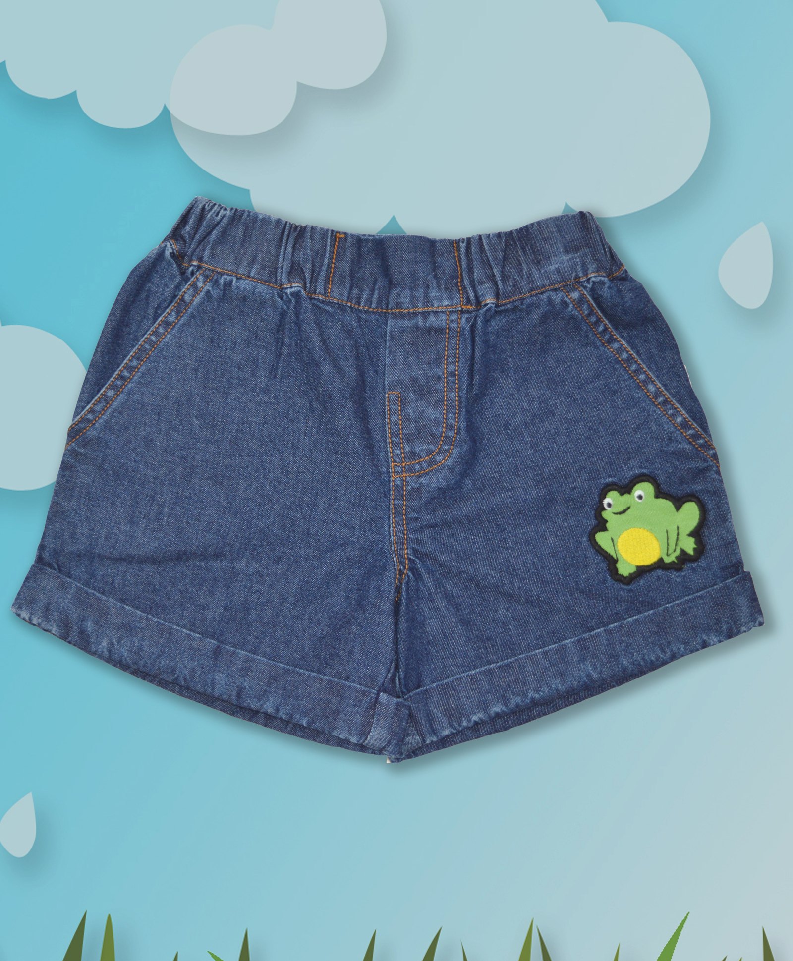 Pranava 100% Organic Cotton Mushroom Embroidered Denim Shorts - Blue-image-23