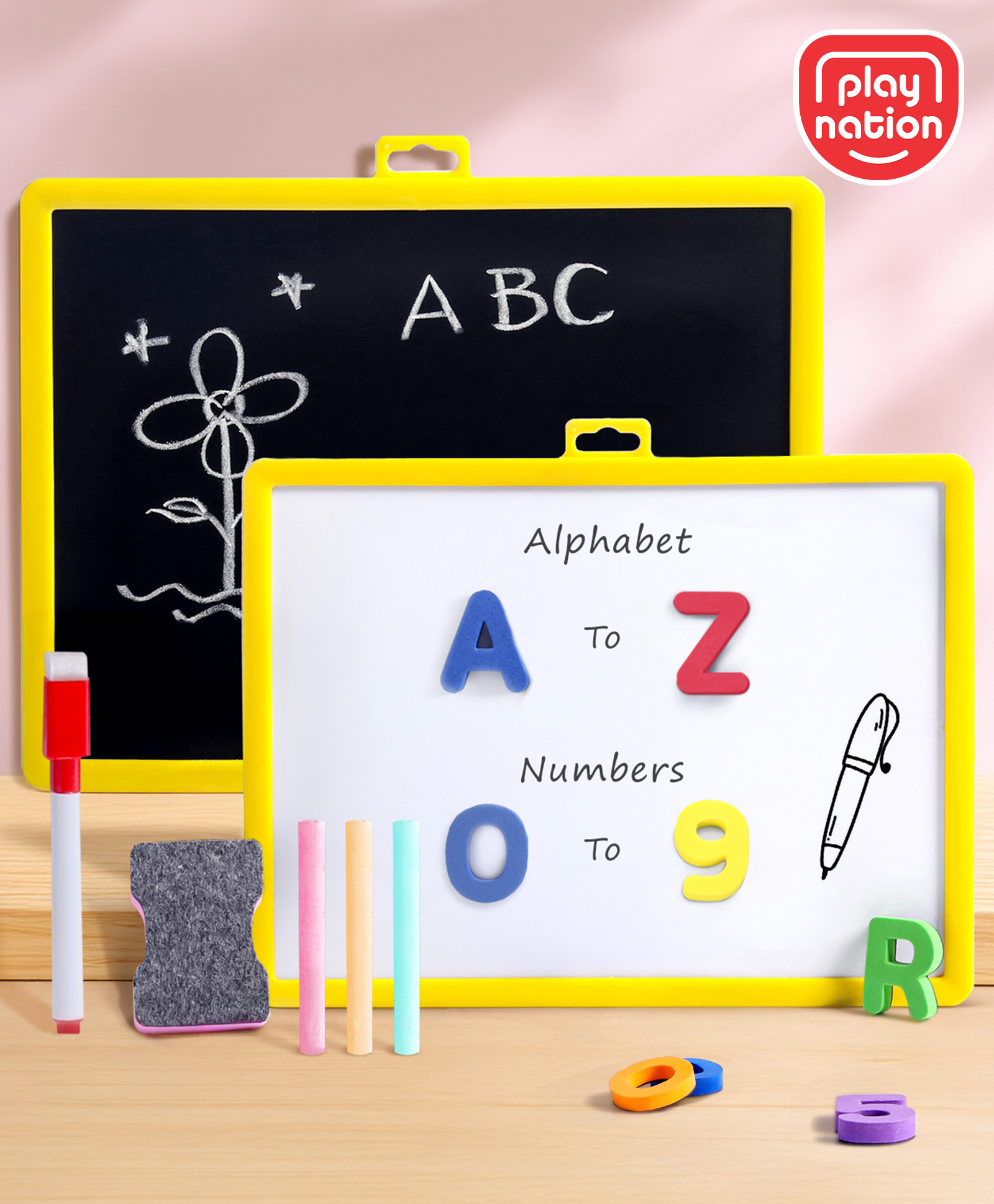 Play Nation 2-in-1 Multipurpose Double-Sided Magnet & Chalk Board | Educational Learning Board with Number Magnets, 26 Capital Letter Magnets, 3 Chalks, 1 Write & Wipe Pen and Duster for Drawing & Writing | Multicoloured | Early Education Toy-picture-24