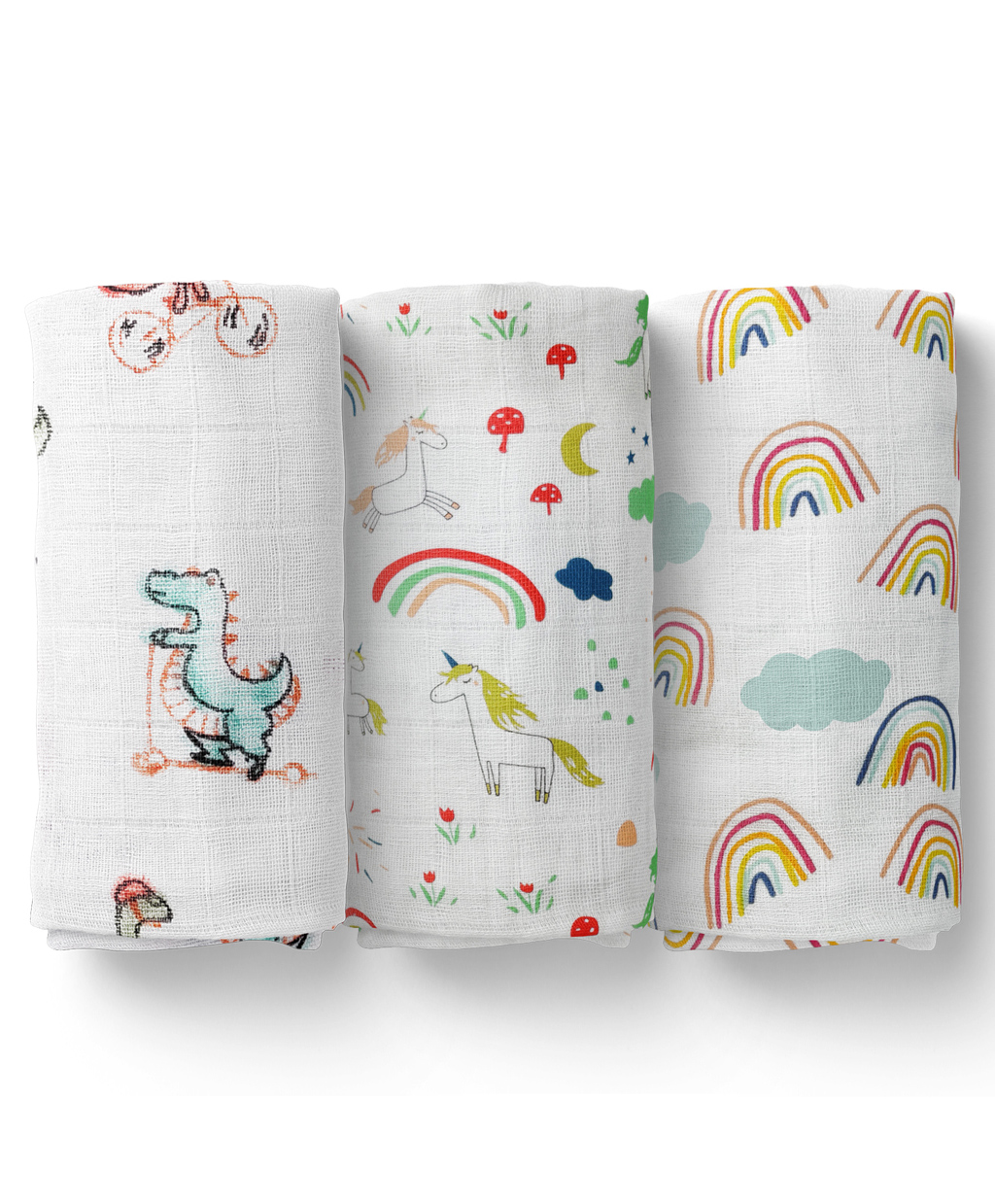 Moms Home Organic Cotton Baby Muslin Swaddle Unicorn, Rainbow & Dinosaur Pack of 3 - Multicolour-image-20