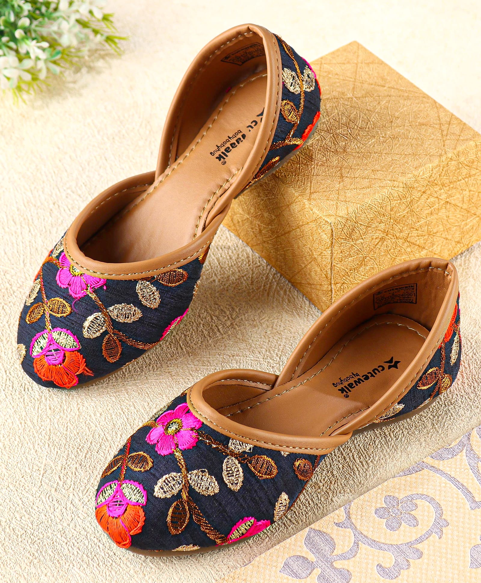 Cute Walk by Babyhug Slip On Mojaris with Floral Detailing - Navy Blue