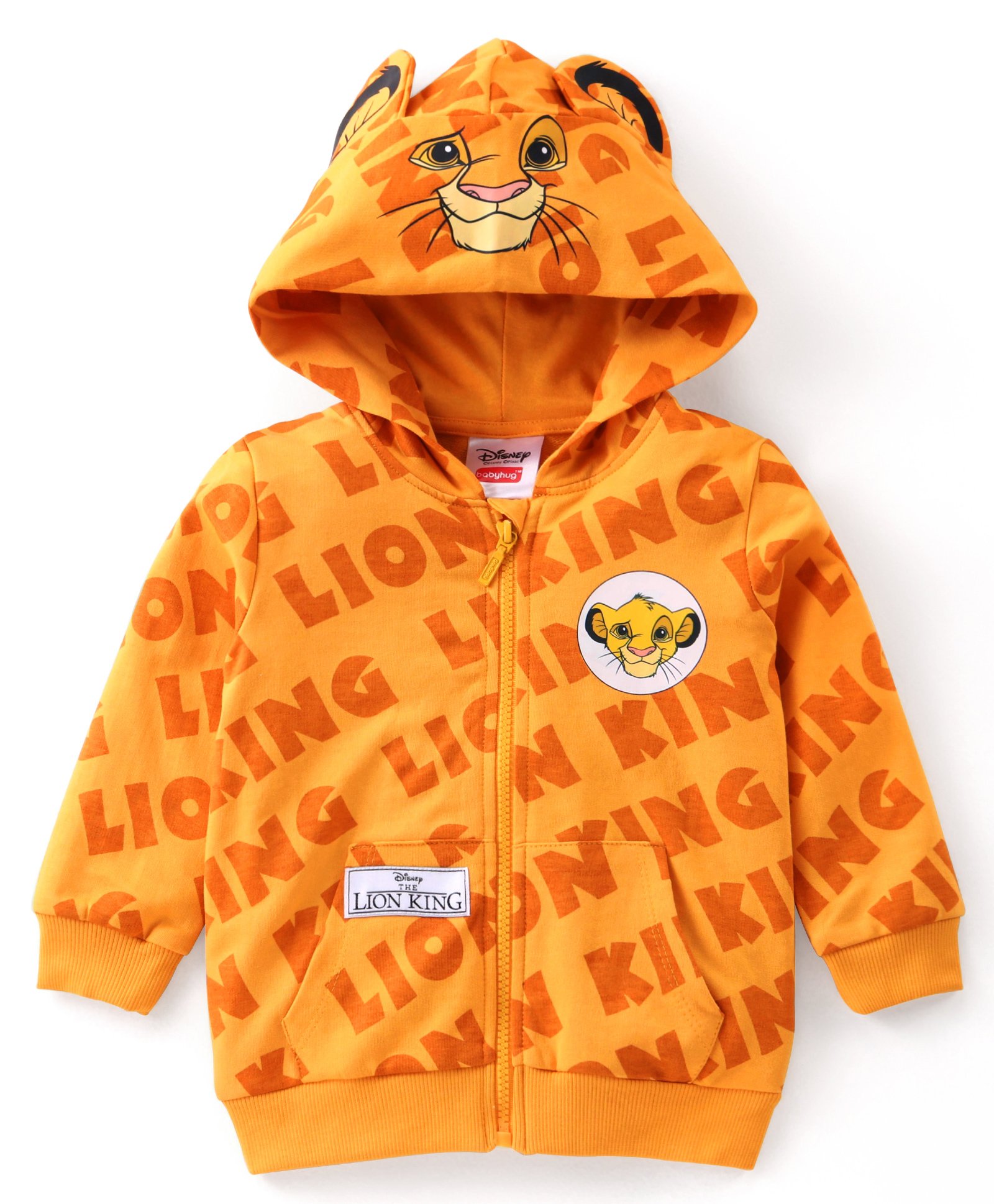Babyhug Disney Terry Knit Full Sleeves Front Open Hooded Sweatjacket with Lion King Graphics & Ears Applique - Orange-image-16