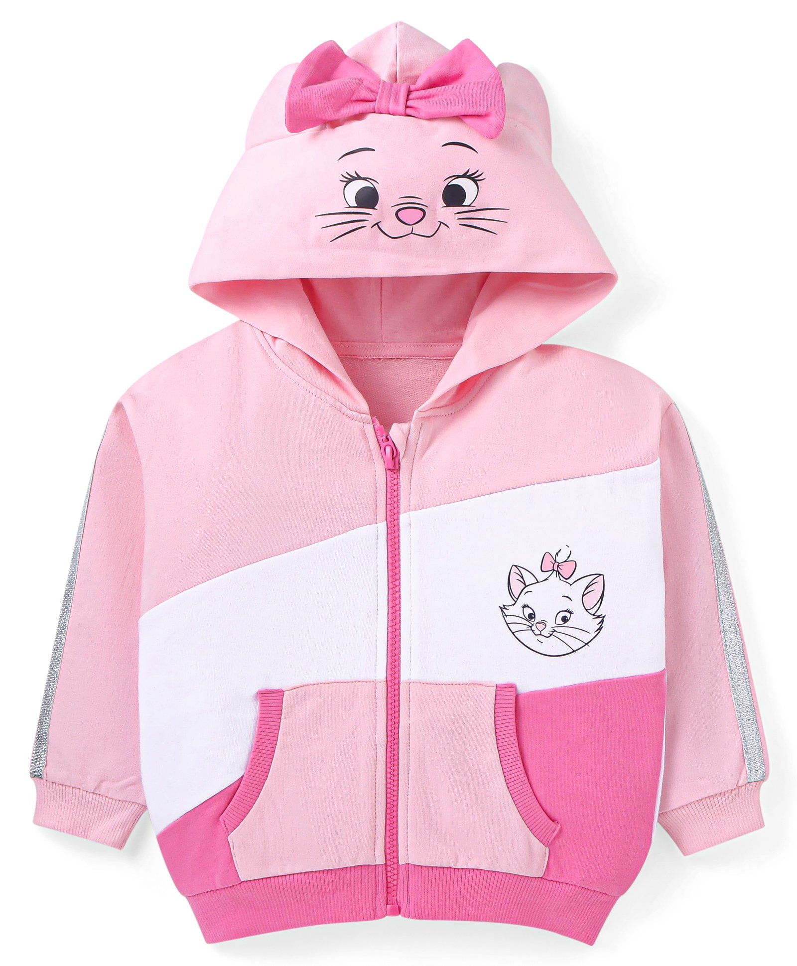 Babyhug Disney Terry Knit Full Sleeves Hooded Sweatjacket With Marie Front & Back Graphics & Applique Detailing With Kangaroo Pockets - Pink-image-3
