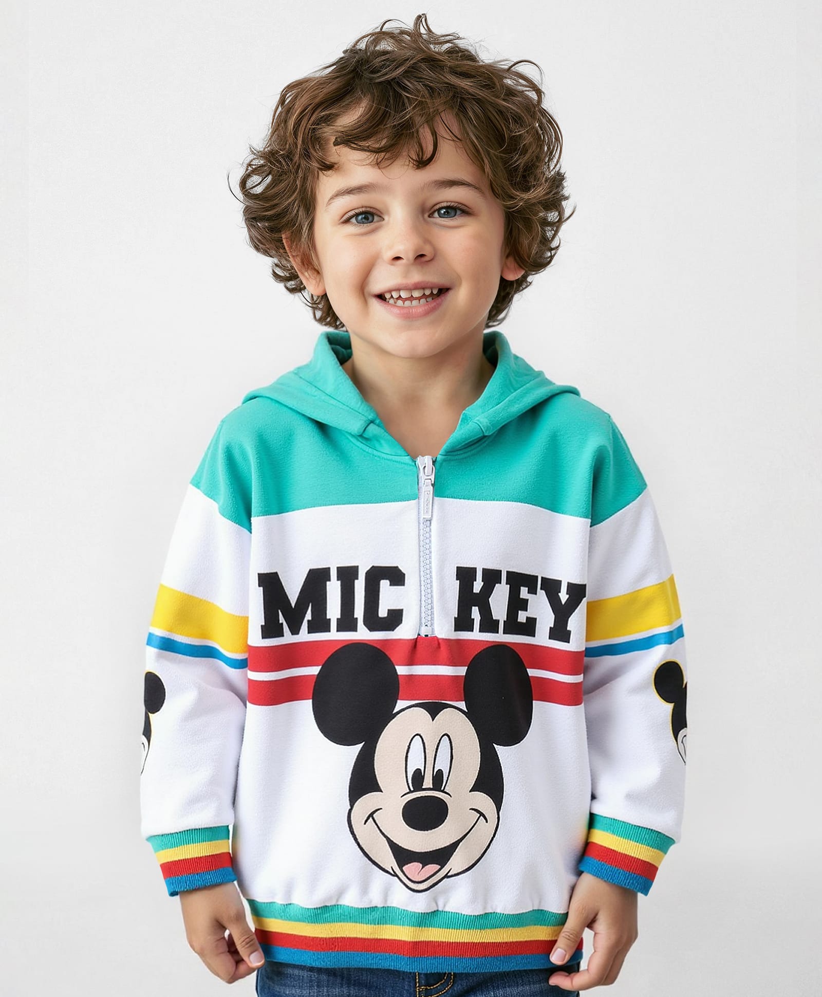 Babyhug Disney Terry Knit Full Sleeves Hooded Sweatshirt with Cut & Sew Design & Mickey Mouse Graphics - White-picture-10