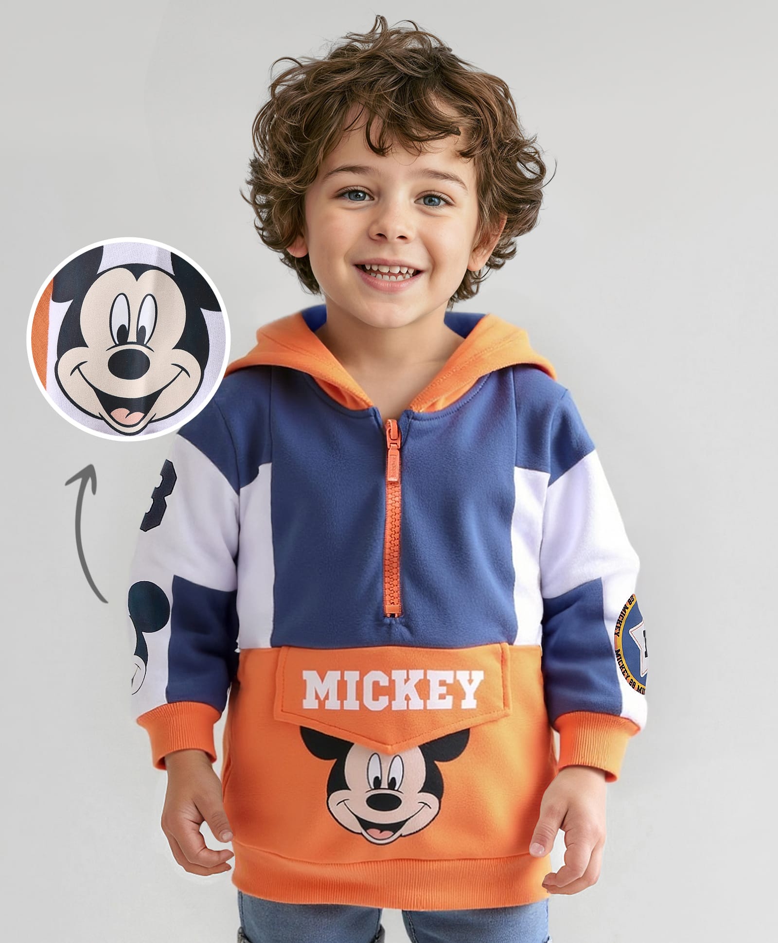Babyhug Disney Terry Knit Full Sleeves Hooded Sweatshirt With Cut & Sew Design & Mickey Mouse Graphics - Blue & Orange-image-22