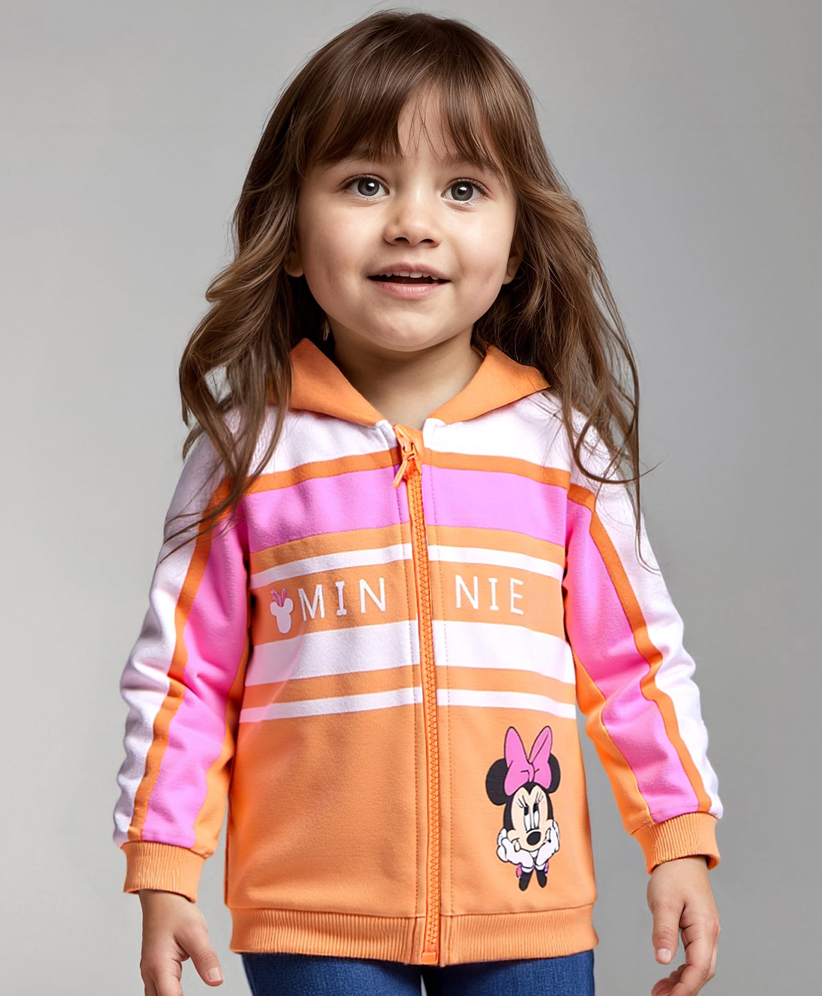 Babyhug Disney Terry Knit Full Sleeves Cut & Sew Designed Hooded Sweatjacket With Minnie Mouse Front & Back Graphics - Pink Orange & White-image-12