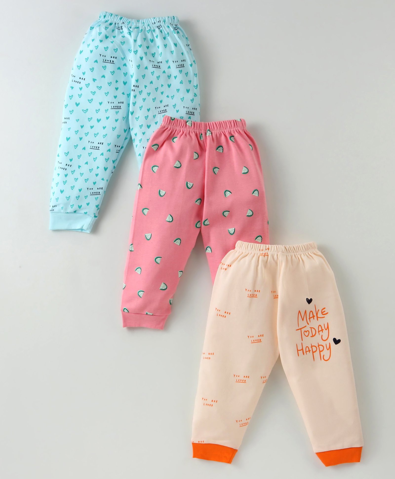 Mini Donuts Cotton Knit Full Length Pyjamas Text & Heart Printed Pack of 3 - Aqua Blue Coral& Pink-image-32
