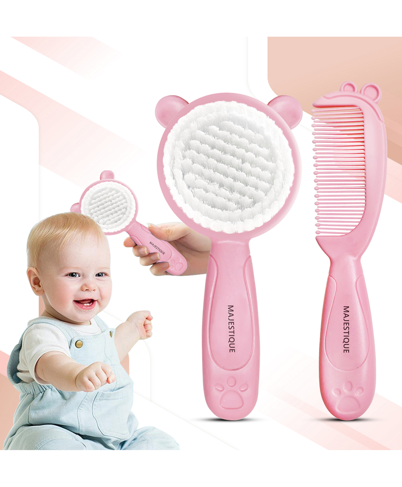 Majestique Baby Hair Care Set, Brush & Comb, Soft, Safe for Newborns to 5 Years 2Pcs - Pink-image-36