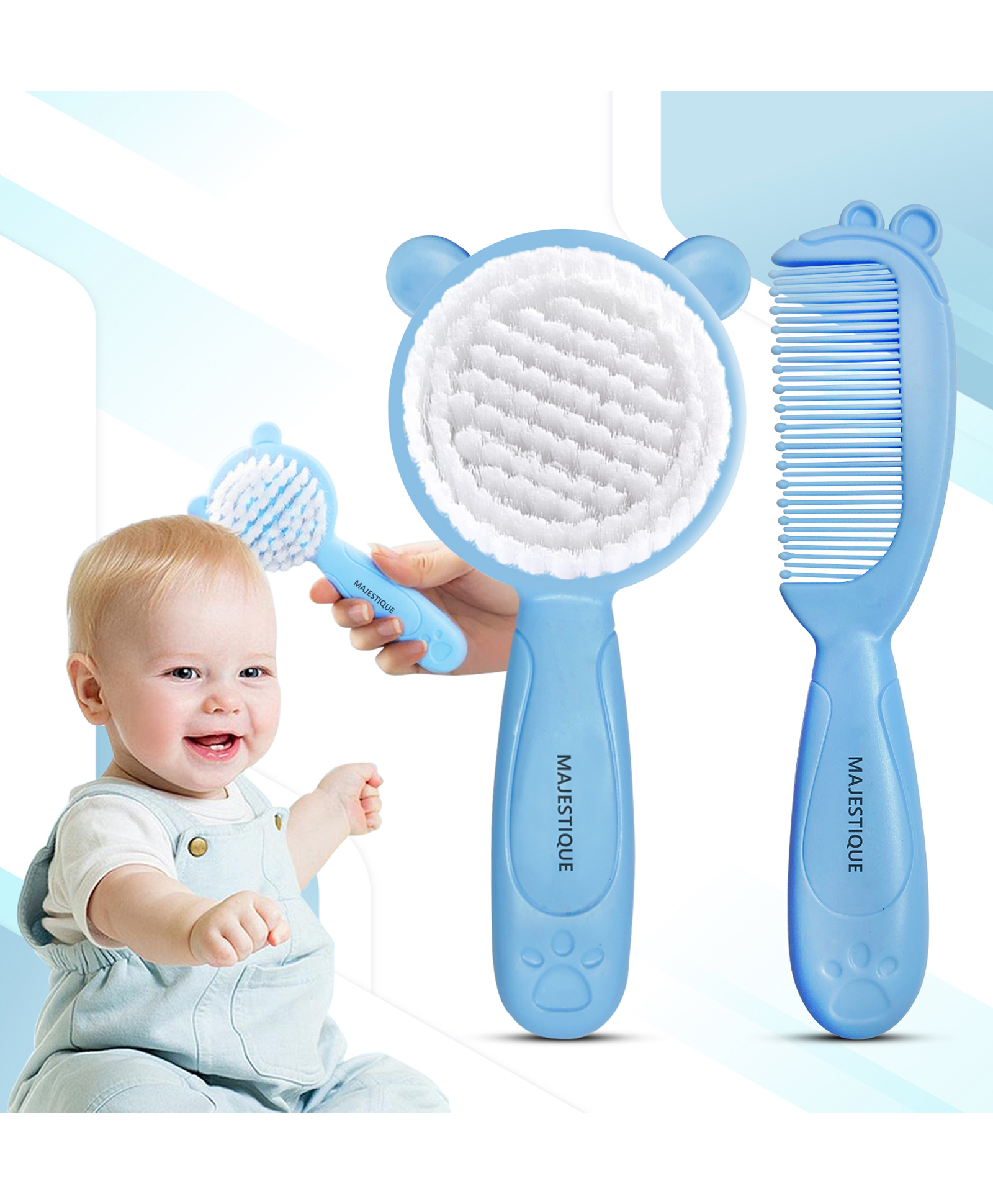 Majestique Baby Hair Care Set, Brush & Comb, Soft, Safe for Newborns to 5 Years 2Pcs - Blue-picture-39