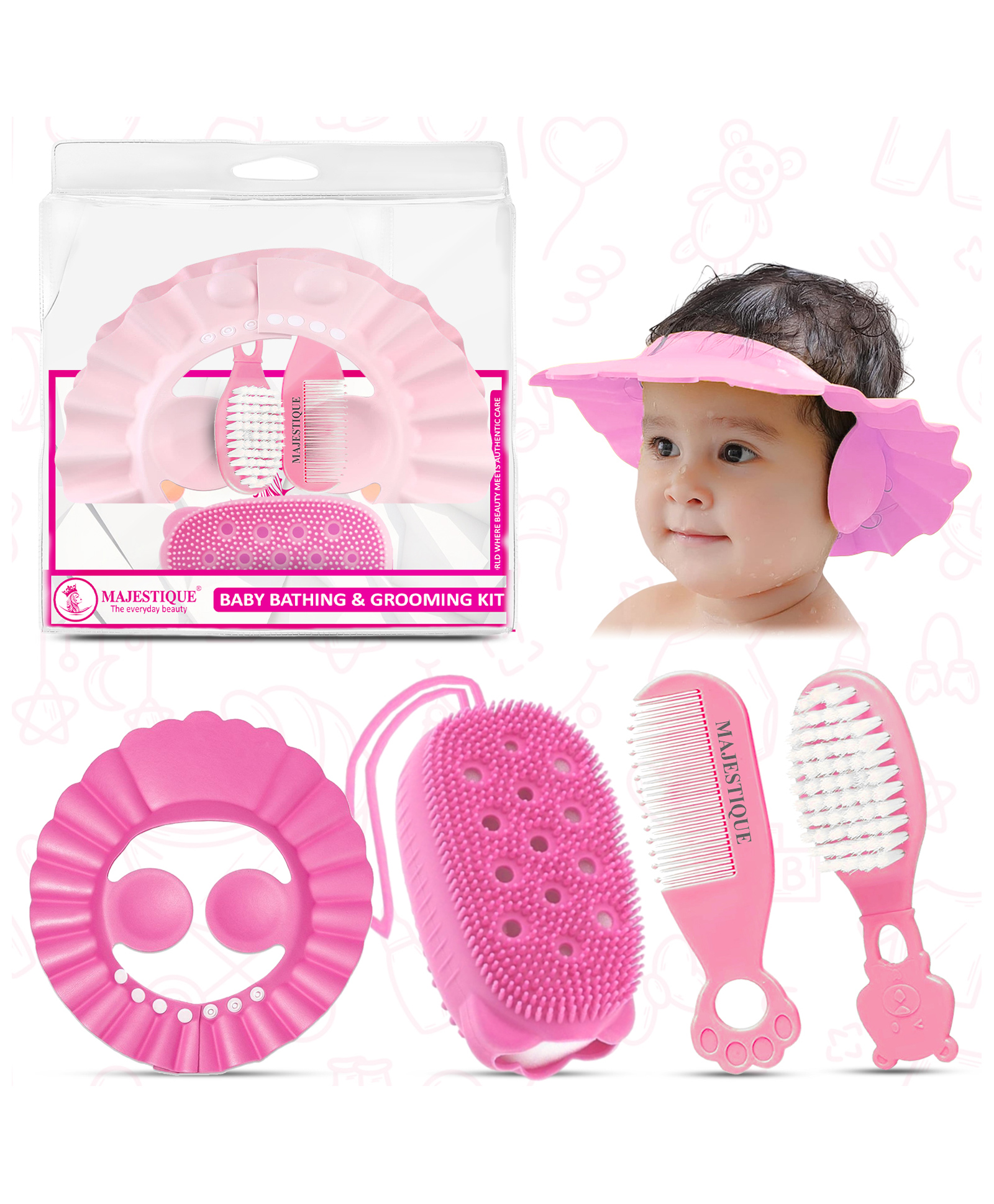 Majestique Baby Bathing & Grooming Kit, Soft Brush, Comb, Bath Cap, Sponge - 4Pcs/Multicolour-image-31