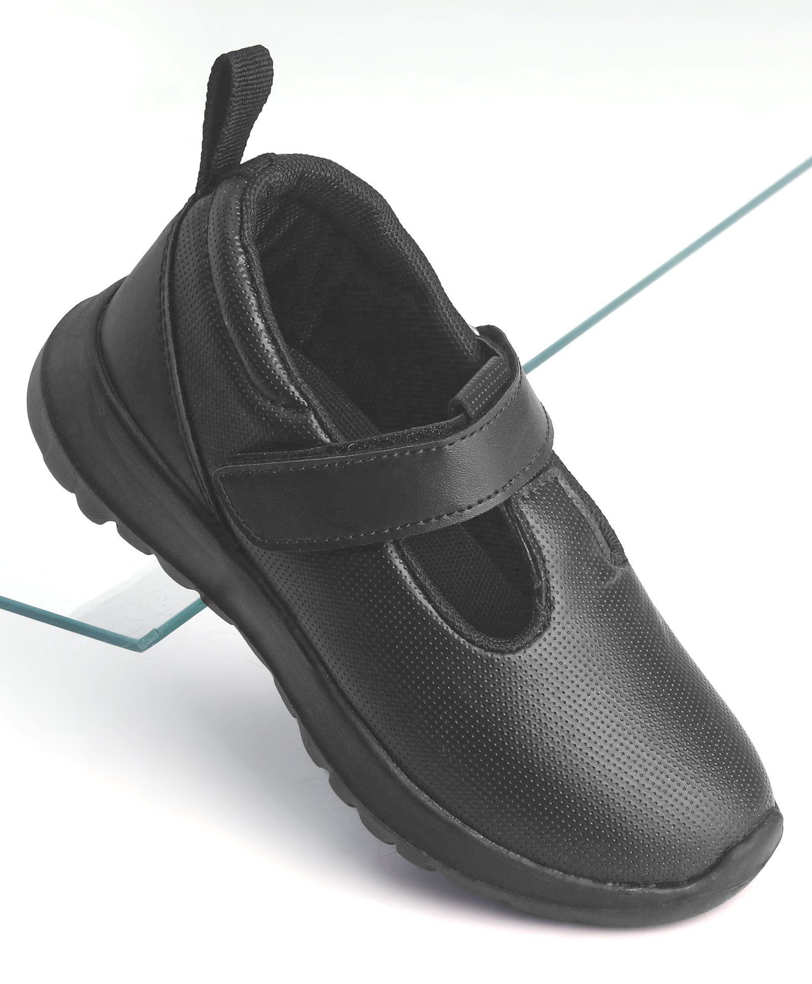 Pine Kids Textured School Shoes with Velcro Closure - Black