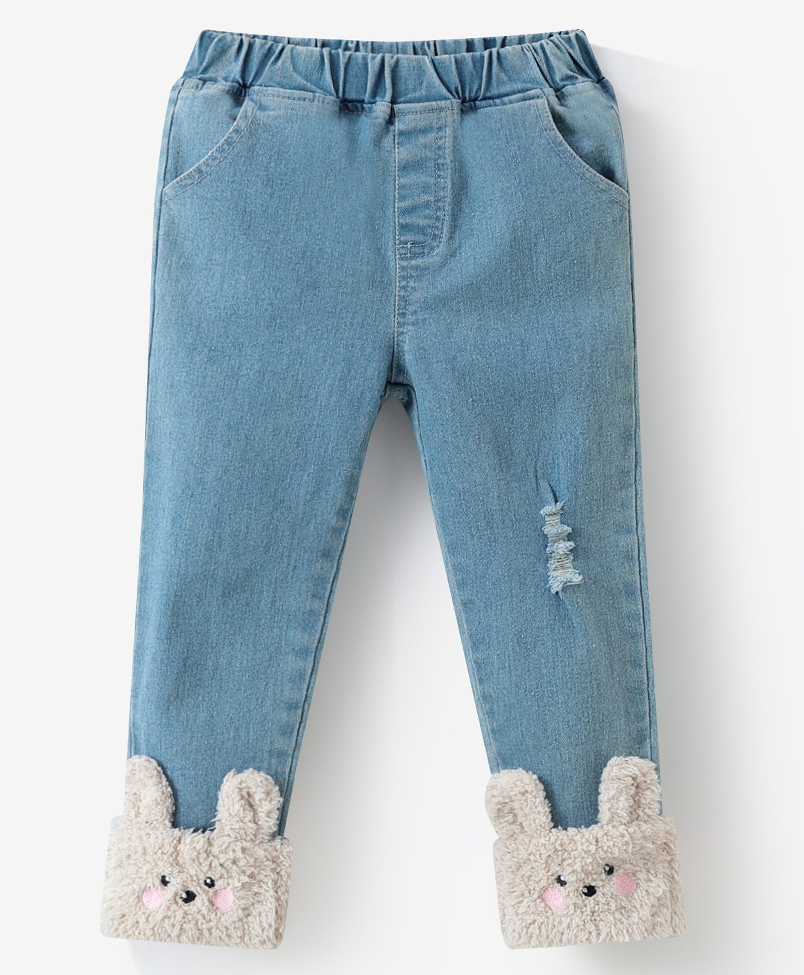 Kookie Kids Full Length Washed Jeans with Bunny Applique - Light Blue-picture-11