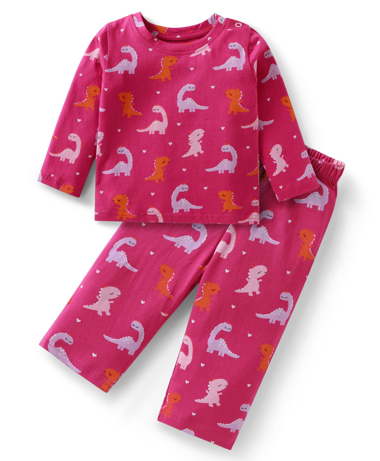 Babyhug Cotton Knit Full Sleeves Dino Printed Night Suit - Dark Pink-image-26