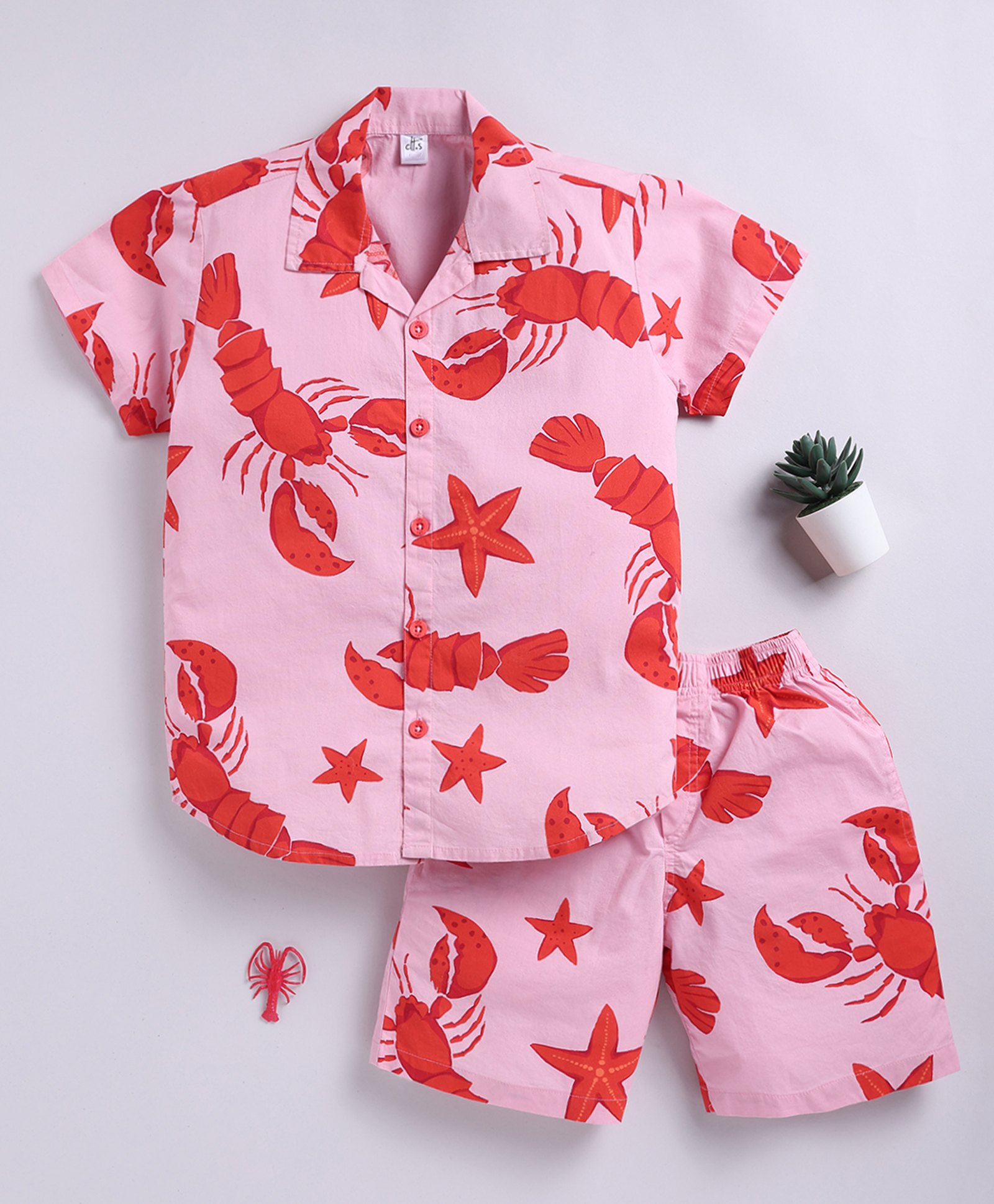 Clt.s Full Sleeves Cotton Woven Lobster Printed Coordinating Night Suit Set - Pink-picture-14