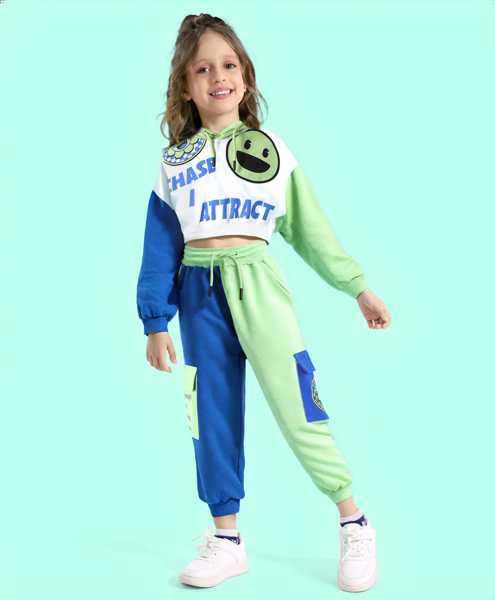 Ollington St. 100% Cotton Knit Full Sleeved Color Block Hoodie & Joggers Winter Wear Set With Text & Emoticon Print - Light Green & Blue-image-41