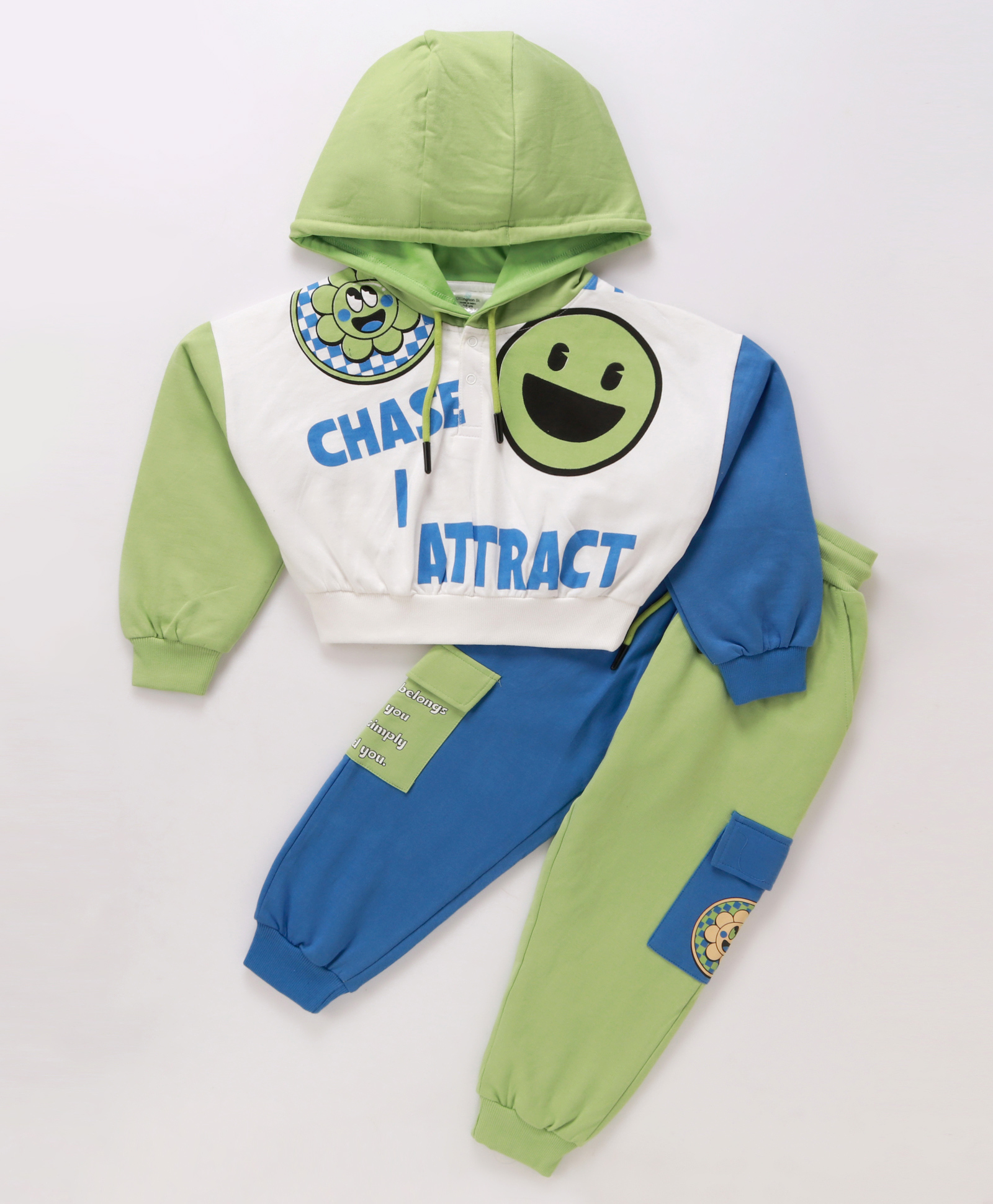 Ollington St. 100% Cotton Knit Full Sleeved Color Block Hoodie & Joggers Winter Wear Set With Text & Emoticon Print - Light Green & Blue-picture-32