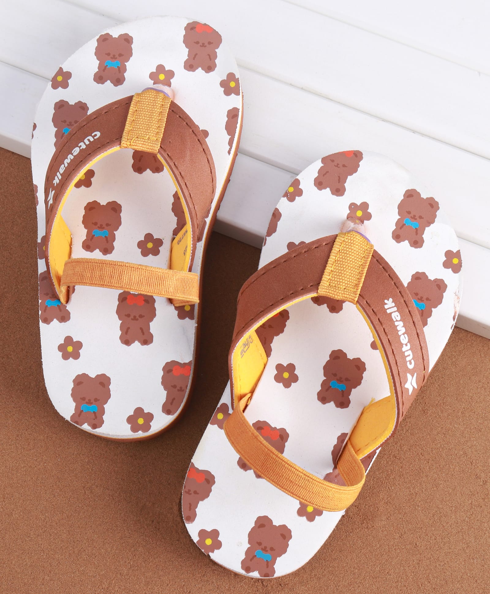 Cute Walk by Babyhug Slip on Flip Flops with Back Strap & Teddy Bear Print - Light Brown & White-image-23
