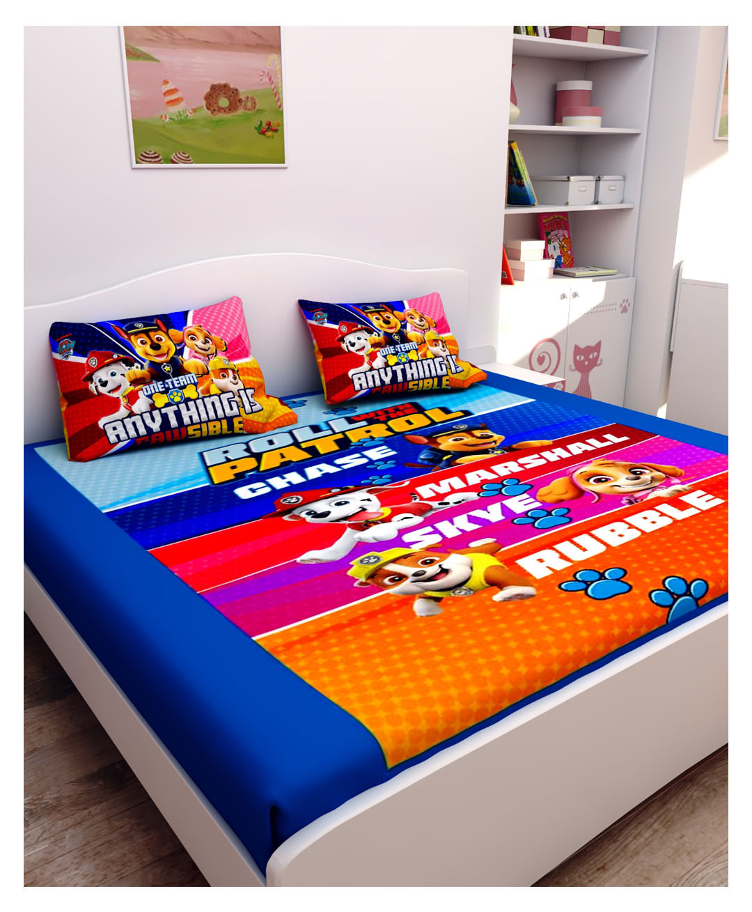 Athom Living Paw Patrol Digital Printed Cotton Kids Double Bedsheet 270x270 cm with 2 Pillow Cover-picture-4