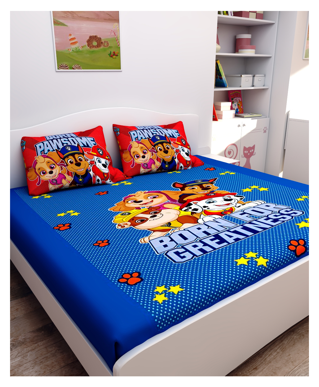 Athom Living Paw Patrol Digital Printed Cotton Kids Double Bedsheet 270x270 cm with 2 Pillow Cover-picture-3