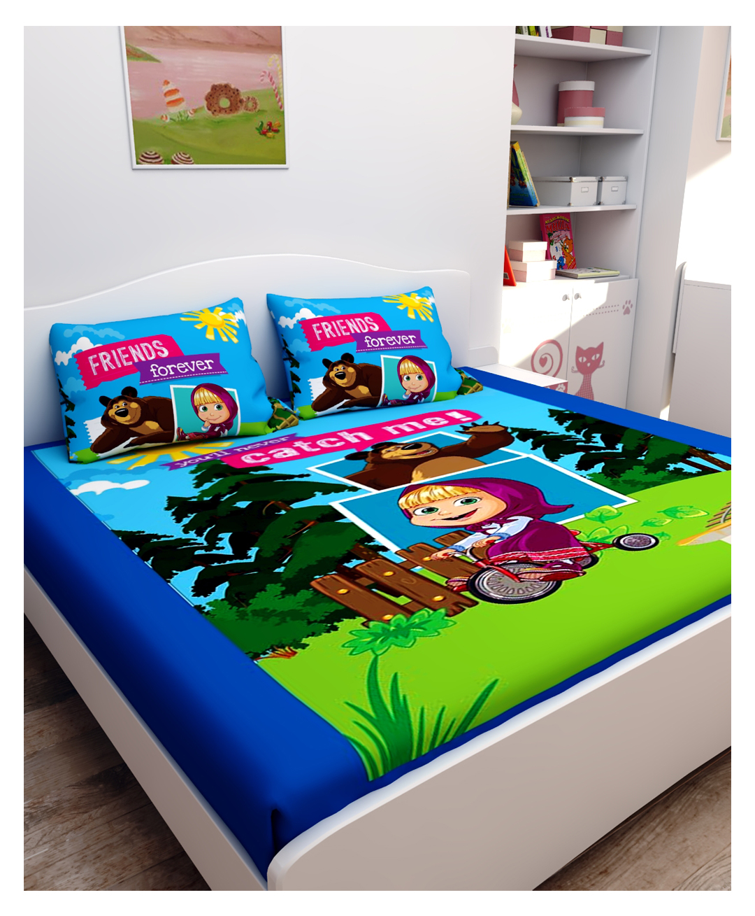 Athom Living Masha and The Bear Digital Printed Cotton Kids Double Bedsheet 270x270 cm with 2 Pillow Cover-image-45