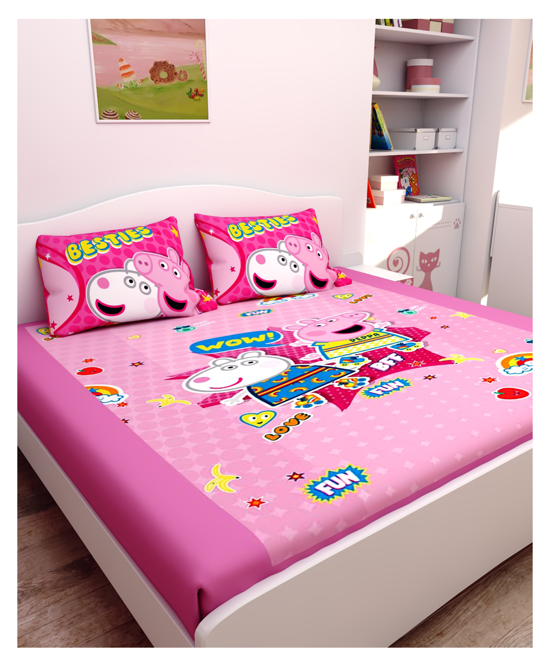 Athom Living Peppa Pig Digital Printed Cotton Kids Double Bedsheet 270x270 cm with 2 Pillow Cover-image-48