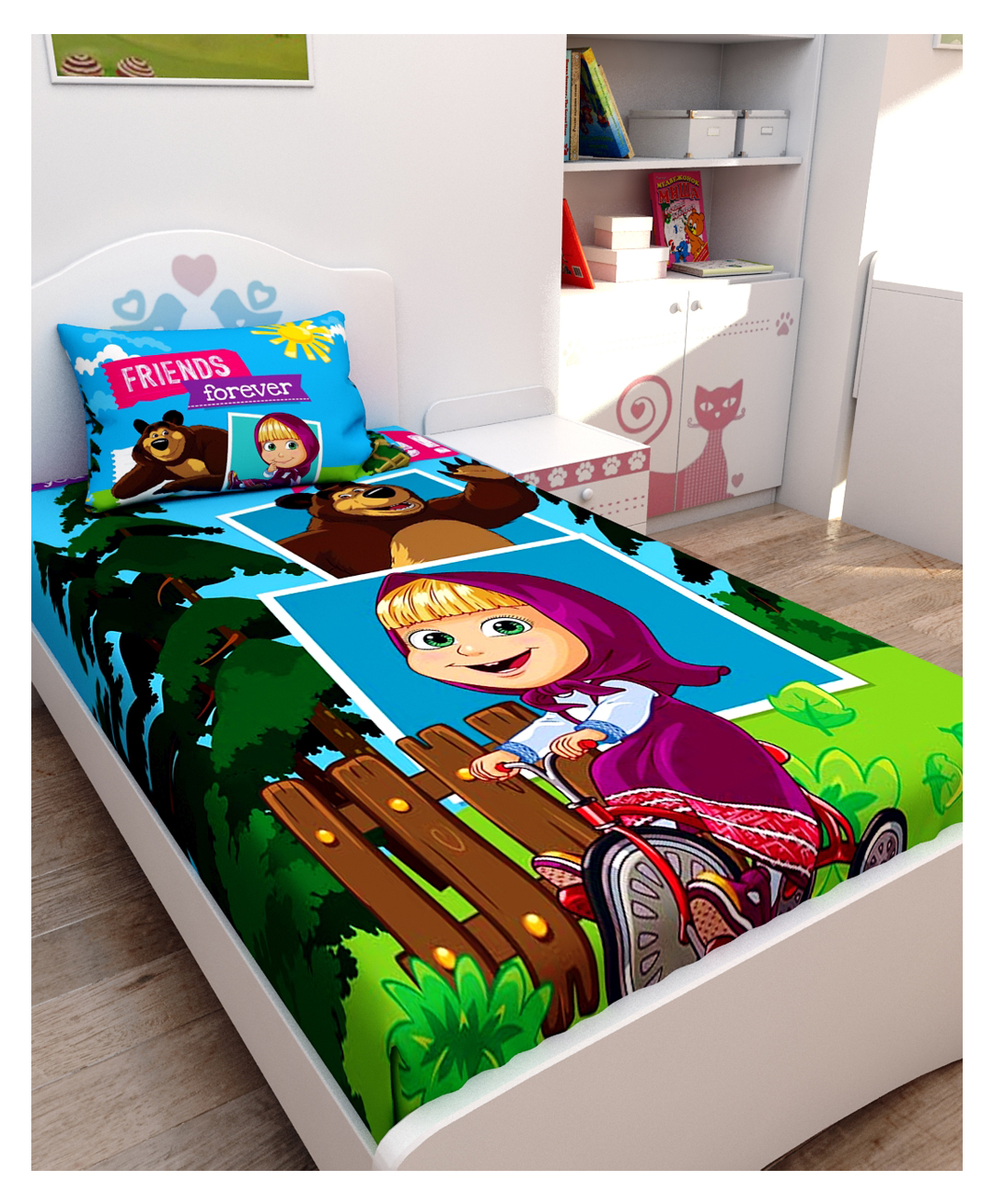 Athom Living Masha and The Bear Digital Printed Cotton Kids Single Bedsheet 147x223 cm with Pillow Cover-image-47
