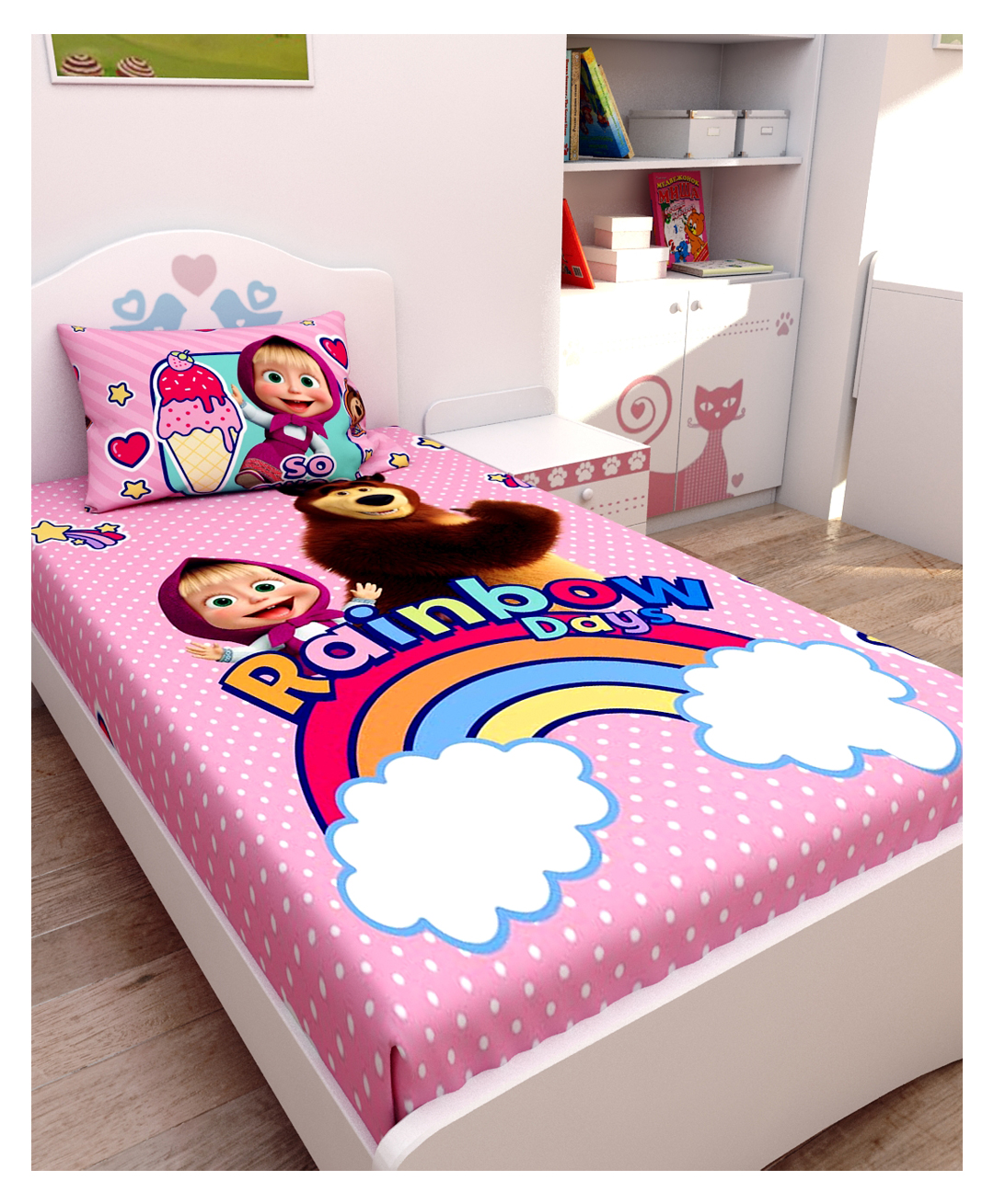 Athom Living Masha and The Bear Digital Printed Cotton Kids Single Bedsheet 147x223 cm with Pillow Cover-picture-9