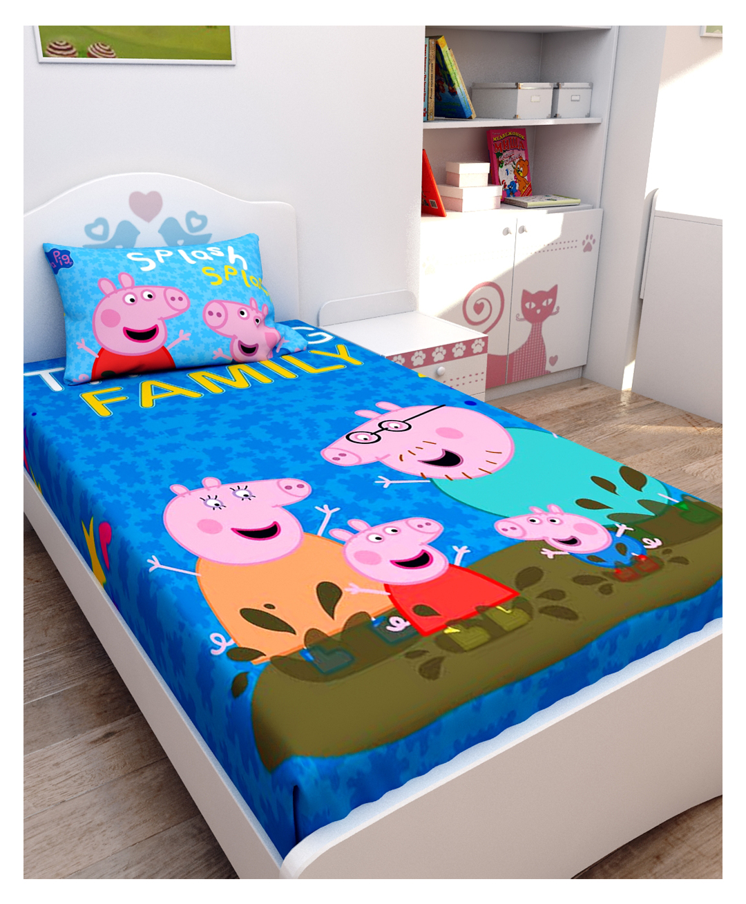 Athom Living Peppa Pig Digital Printed Cotton Kids Single Bedsheet 147x223 cm with Pillow Cover