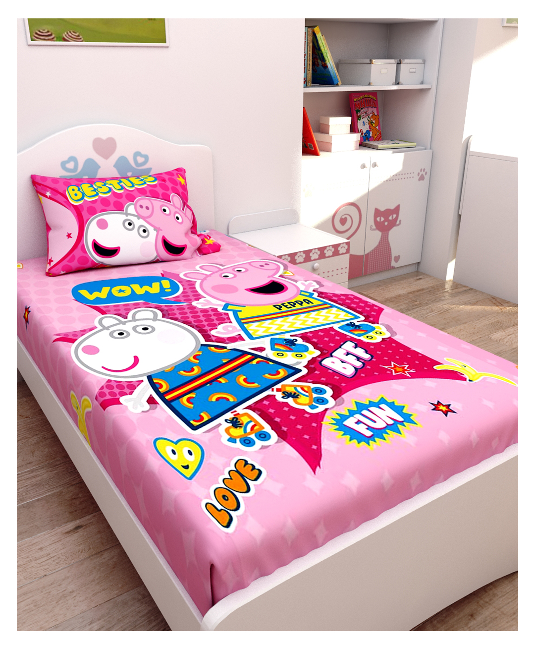 Athom Living Peppa Pig Digital Printed Cotton Kids Single Bedsheet 147x223 cm with Pillow Cover-image-37
