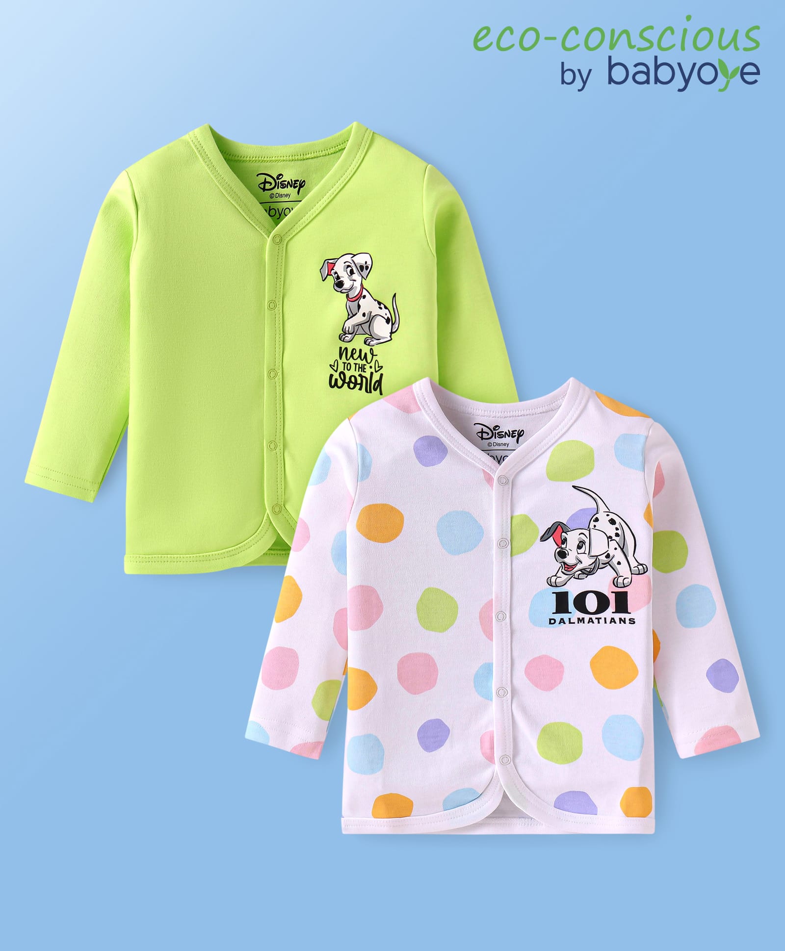 Babyoye Disney Interlock Knit Full Sleeves Jhablas With 101 Dalmatians Graphic Pack of 2 - White & Neon Green-image-48