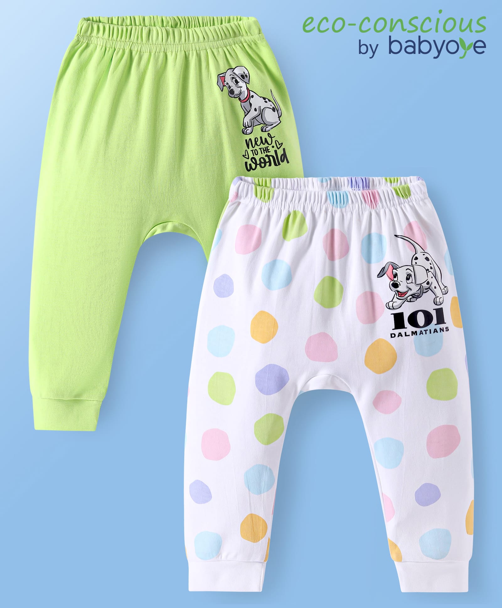 Babyoye Disney Interlock Knit Full Length Diaper Leggings with 101 Dalmatians Graphic Pack of 2 - Neon Green& White-image-47