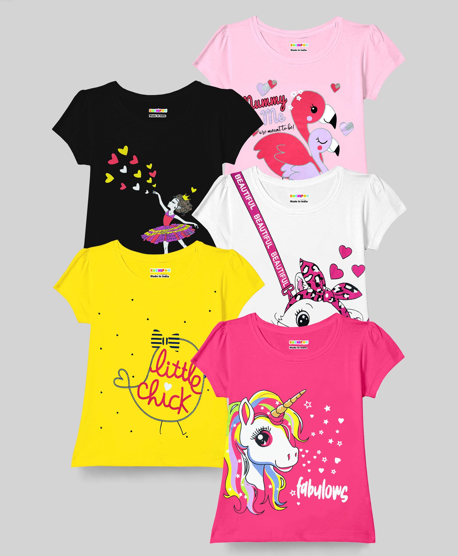KUCHIPOO Pack Of 5 Half Sleeves Unicorn & Doll Printed Tees - Black Pink White & Yellow-image-33
