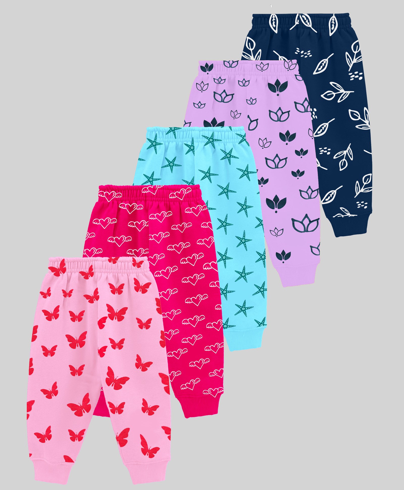 KUCHIPOO Pack Of 5 Butterflies & Hearts Printed Pajamas - Pink Blue Purple & Magenta-picture-28
