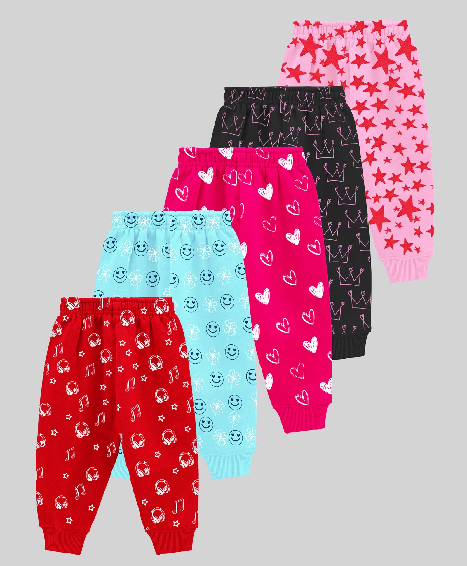 KUCHIPOO Pack Of 5 Smiley & Hearts Printed Pajamas - Red Magenta Pink Black & Blue-picture-14