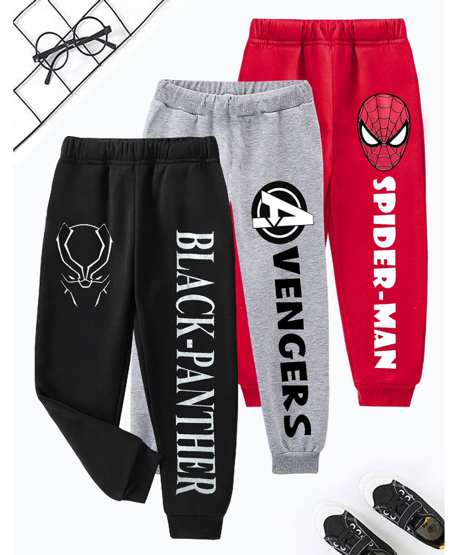 KUCHIPOO Pack of 3 Marvel Featuring Spiderman & Black Panther Printed Track Pants - Black Red & Grey-picture-32