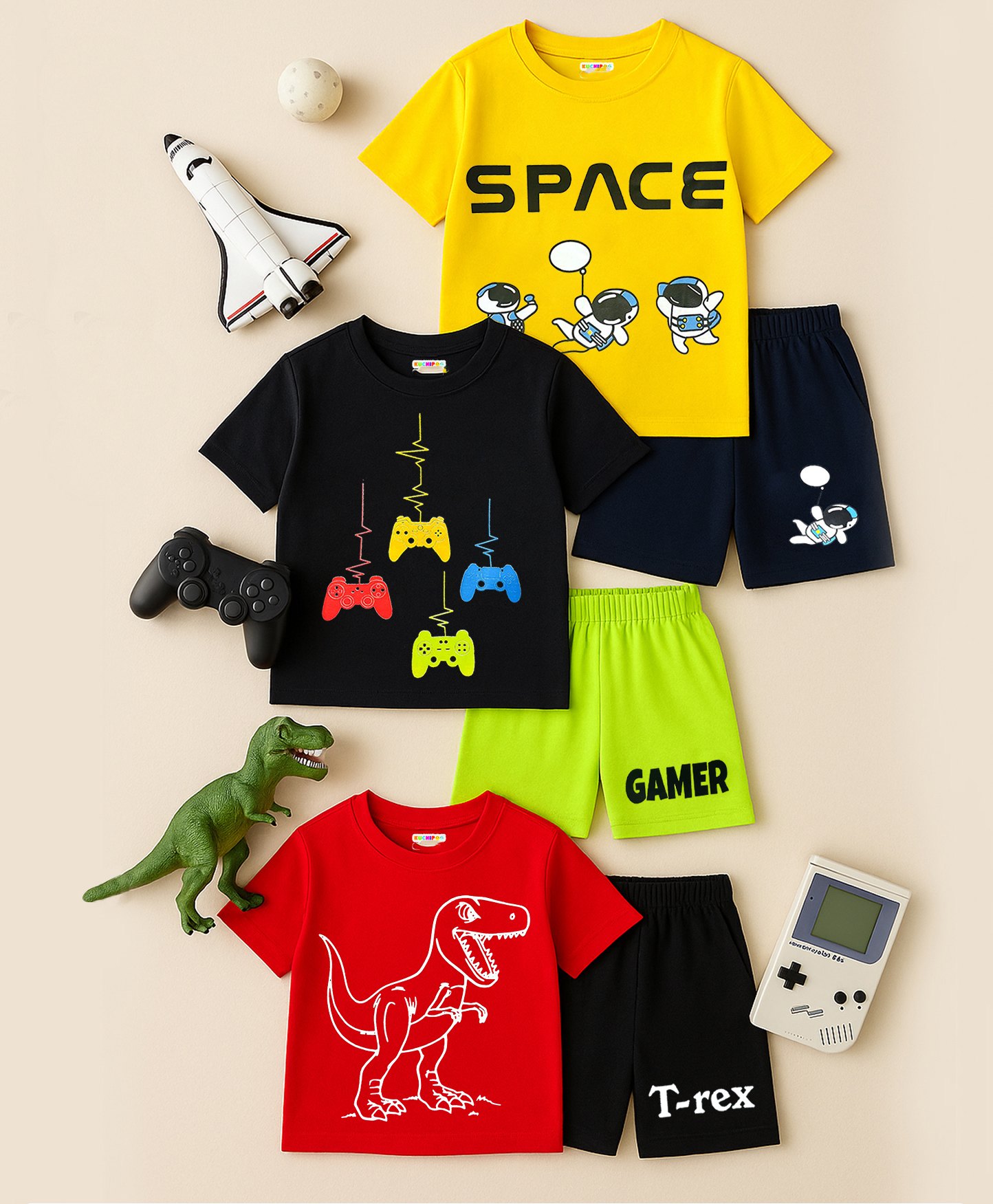 KUCHIPOO Pack Of 3 Half Sleeves Space Text & Dinosaur Printed Tees & Shorts Sets - Red Black Yellow Blue & Green-picture-20